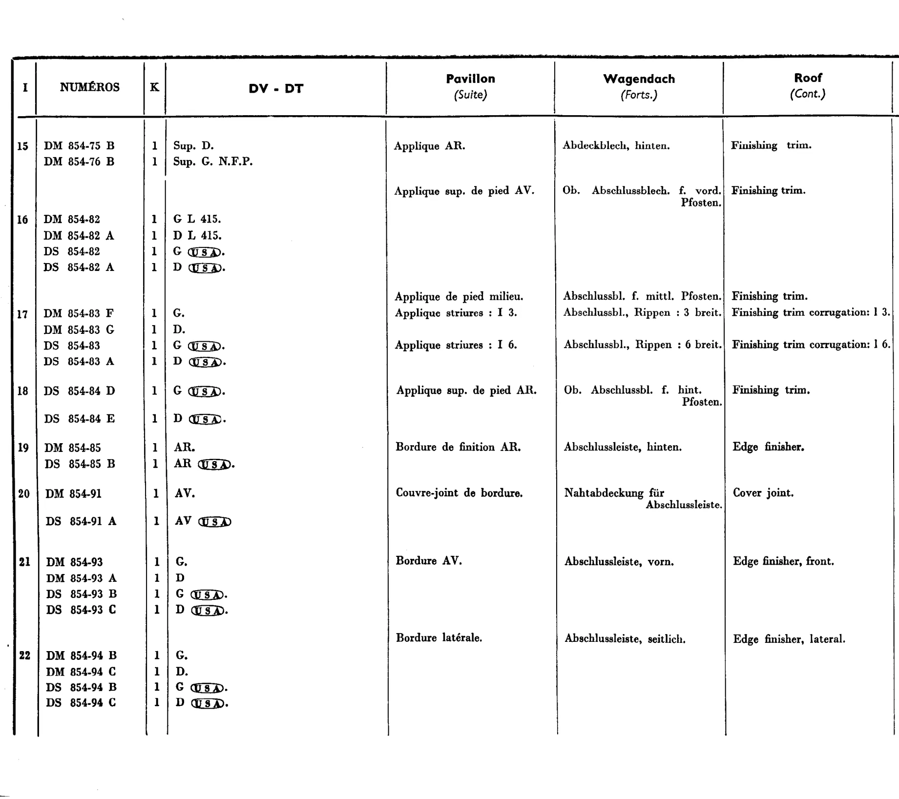 Roof DV, DT, page 528 of 698 — 604 Parts Catalogue — Volume I