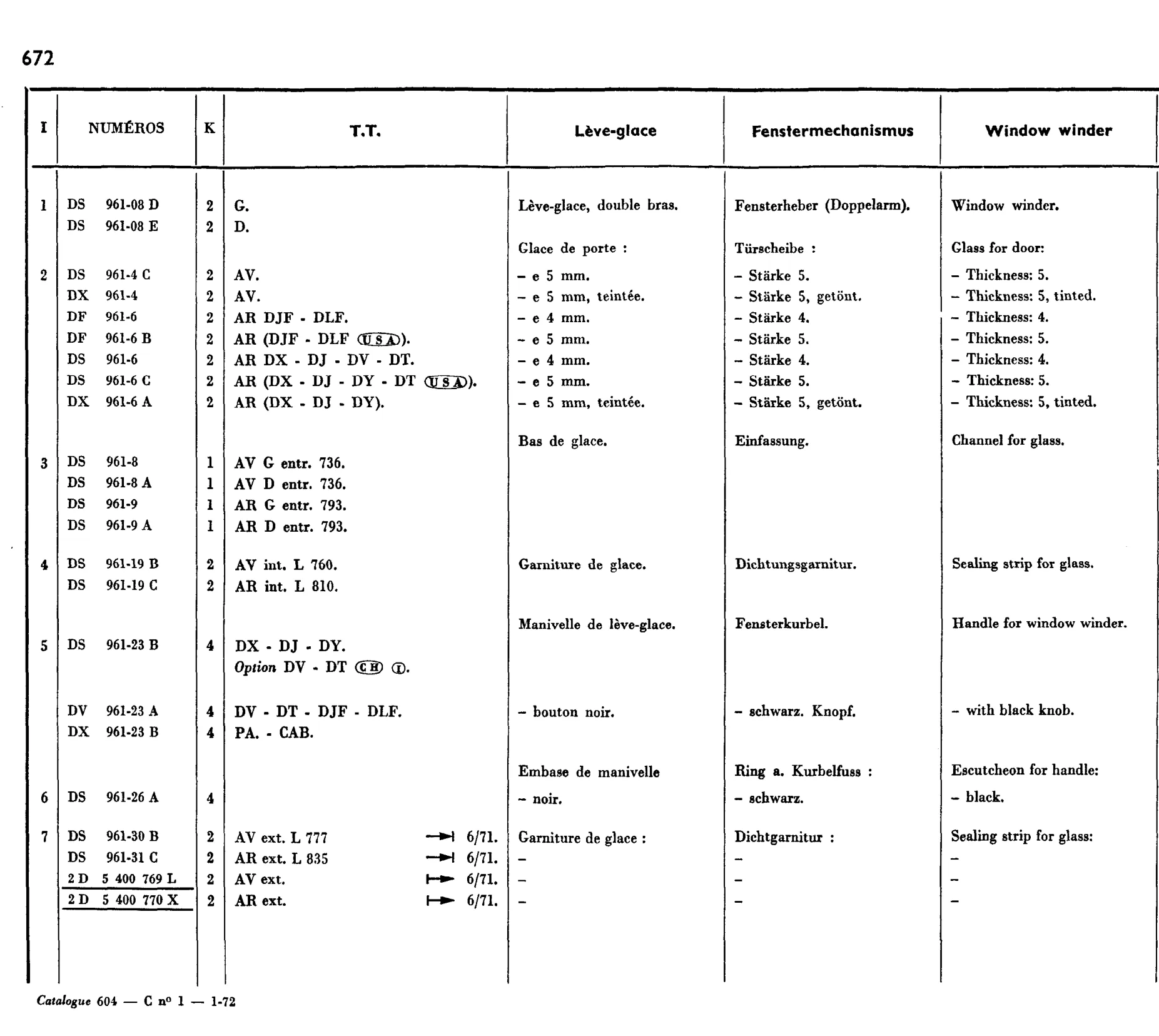 Window winder, page 555 of 698 — 604 Parts Catalogue — Volume I
