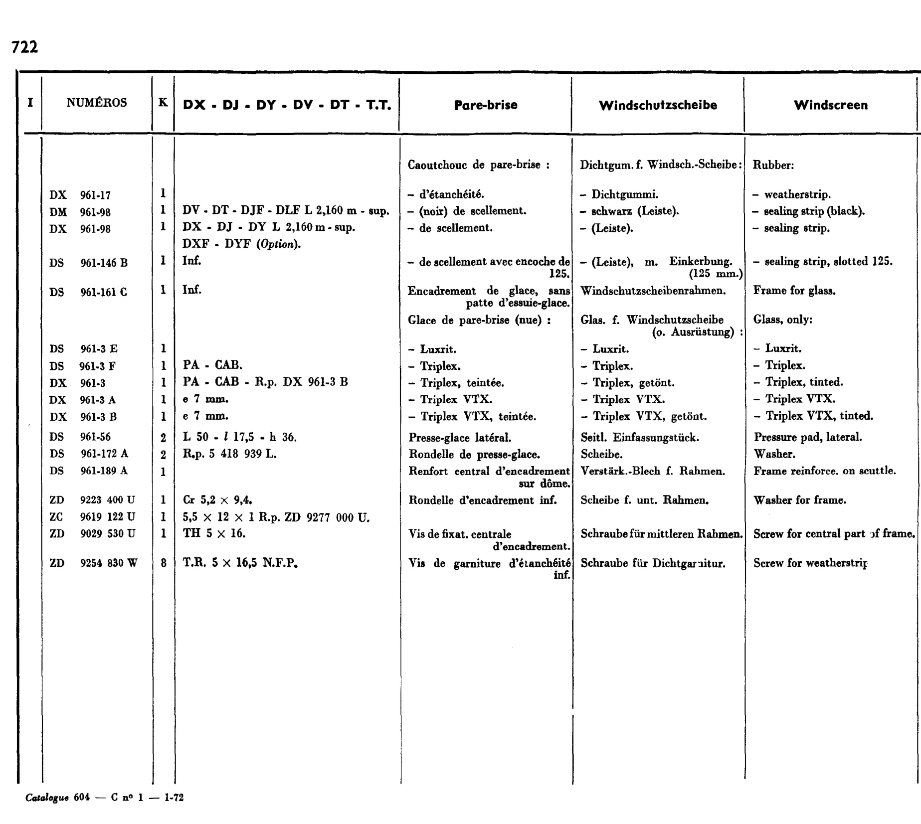 Windscreen, page 588 of 698 — 604 Parts Catalogue — Volume I