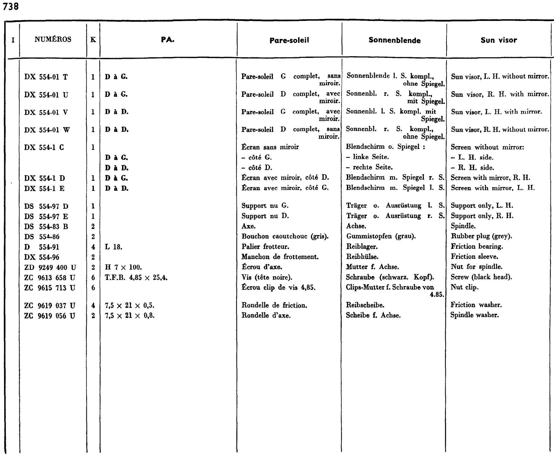 Sun visor, page 600 of 698 — 604 Parts Catalogue — Volume I