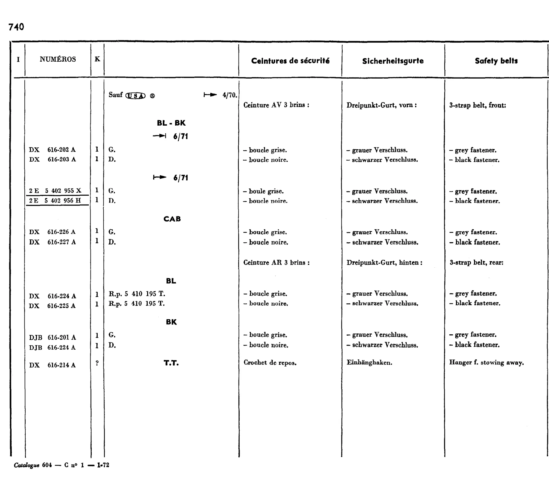 Safety belts, page 602 of 698 — 604 Parts Catalogue — Volume I