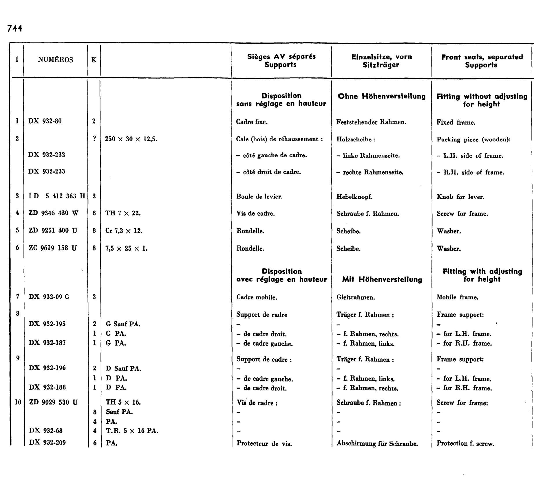 Interior trim / Front  seat frames, page 607 of 698 — 604 Parts Catalogue — Volume I