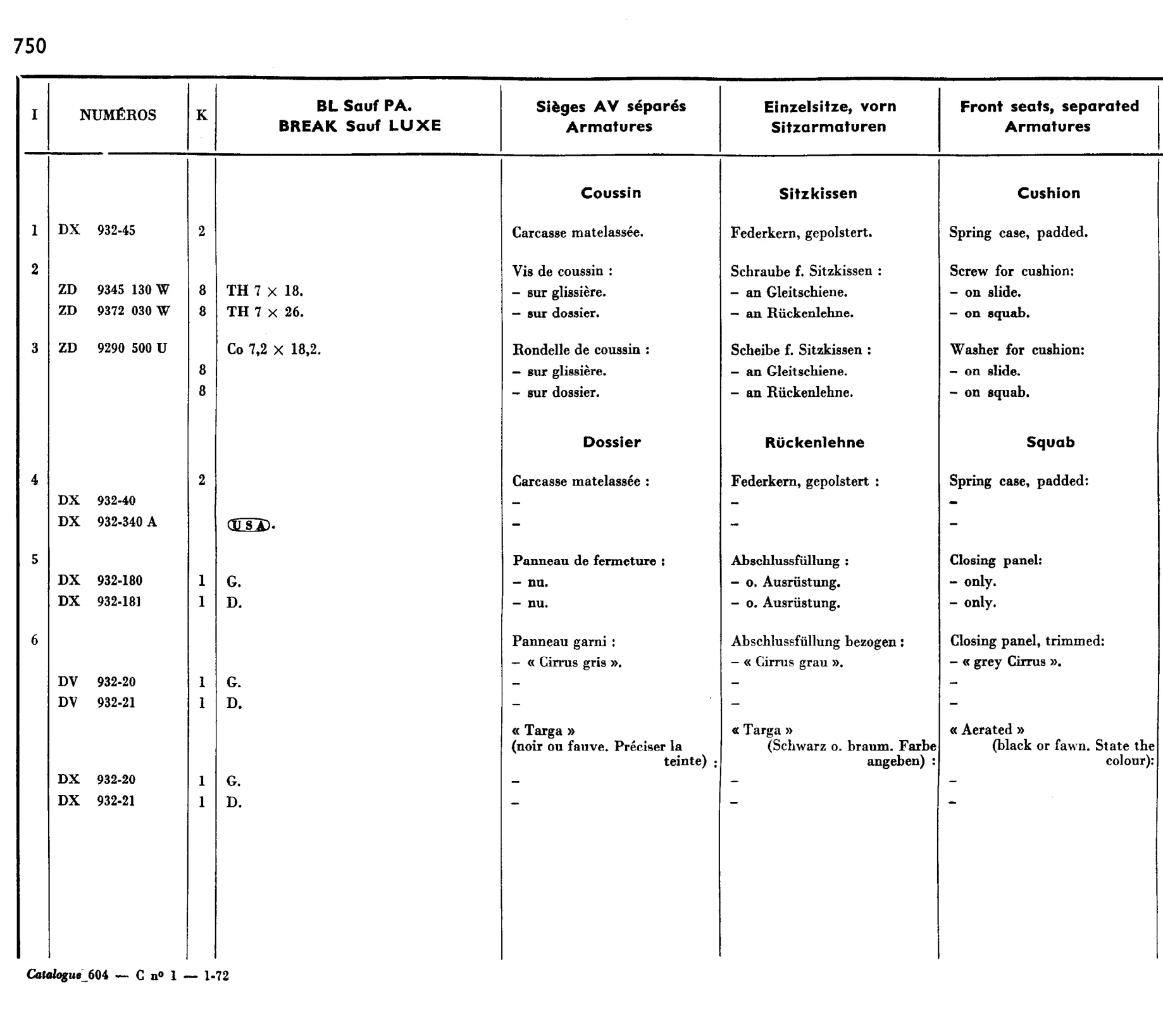 Front seats, page 611 of 698 — 604 Parts Catalogue — Volume I
