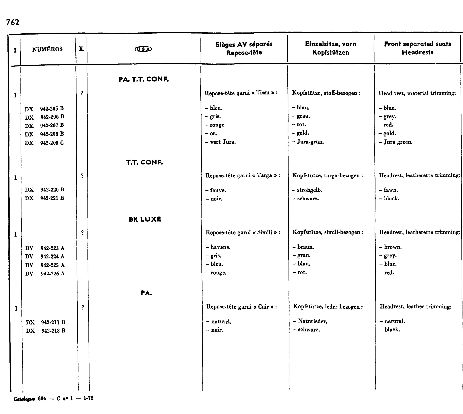 Headrests (USA), page 620 of 698 — 604 Parts Catalogue — Volume I