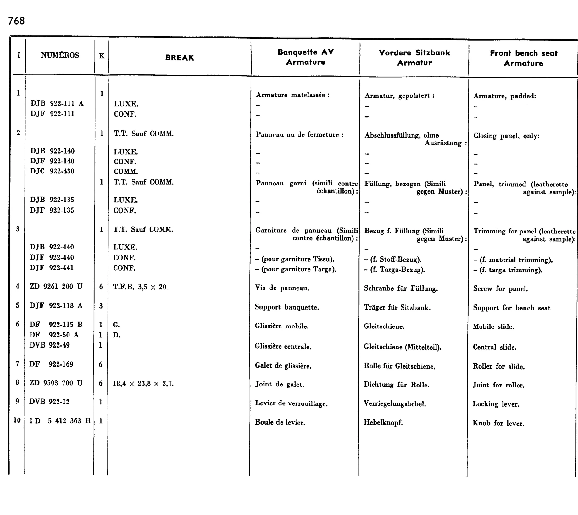 Front bench seat, page 625 of 698 — 604 Parts Catalogue — Volume I