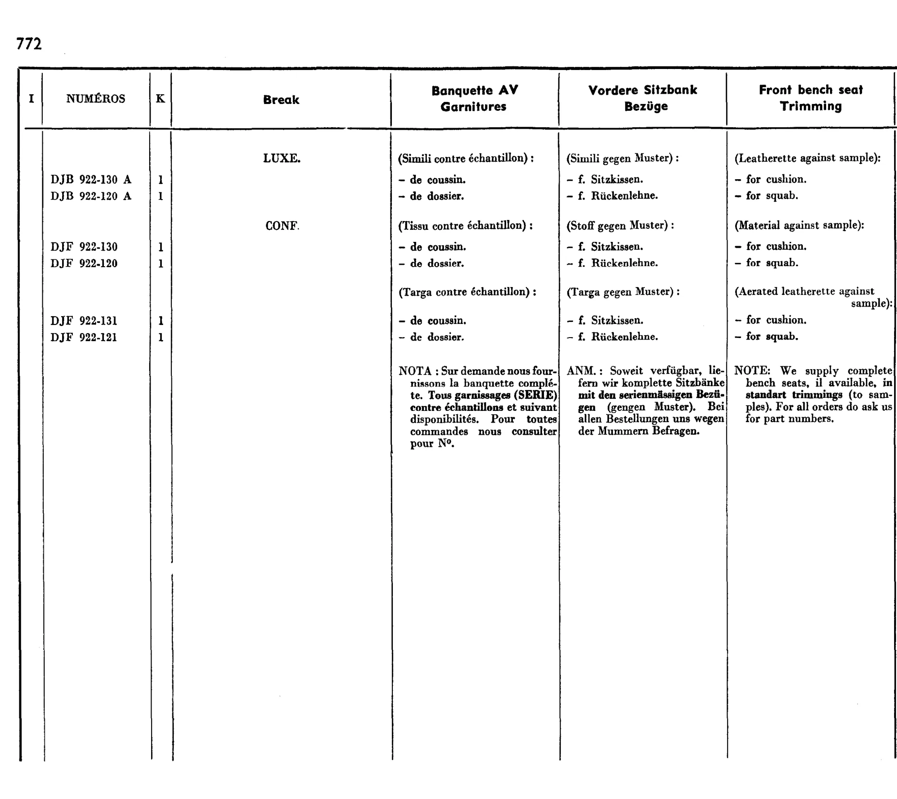 Front bench seat, page 627 of 698 — 604 Parts Catalogue — Volume I