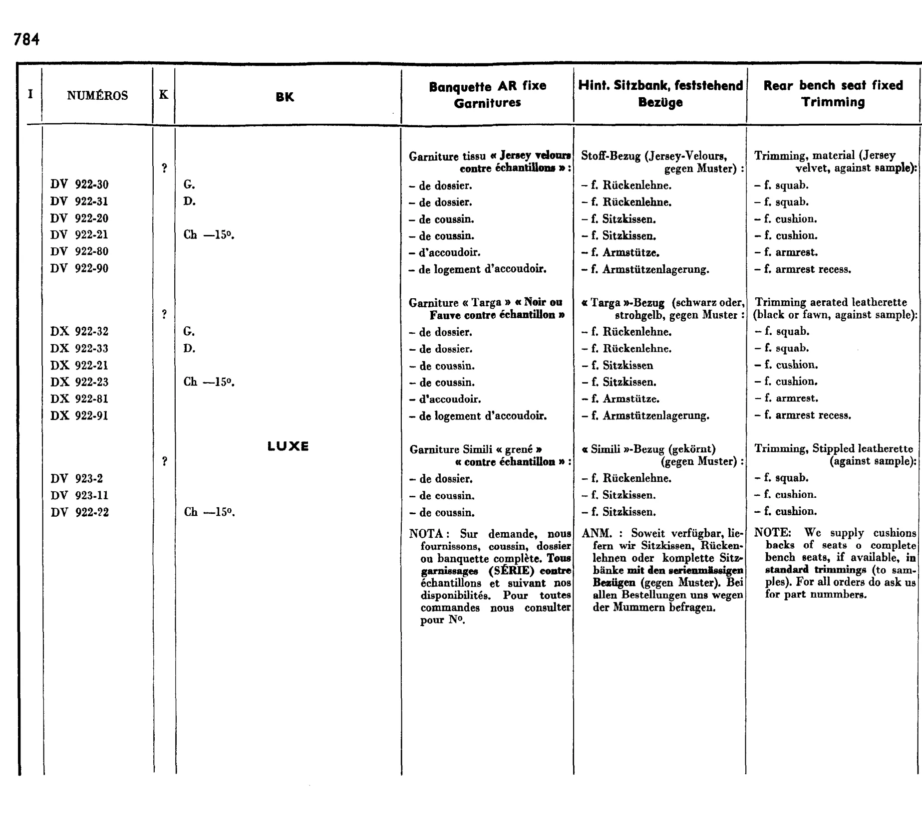 Rear seats - BK fixed, page 639 of 698 — 604 Parts Catalogue — Volume I