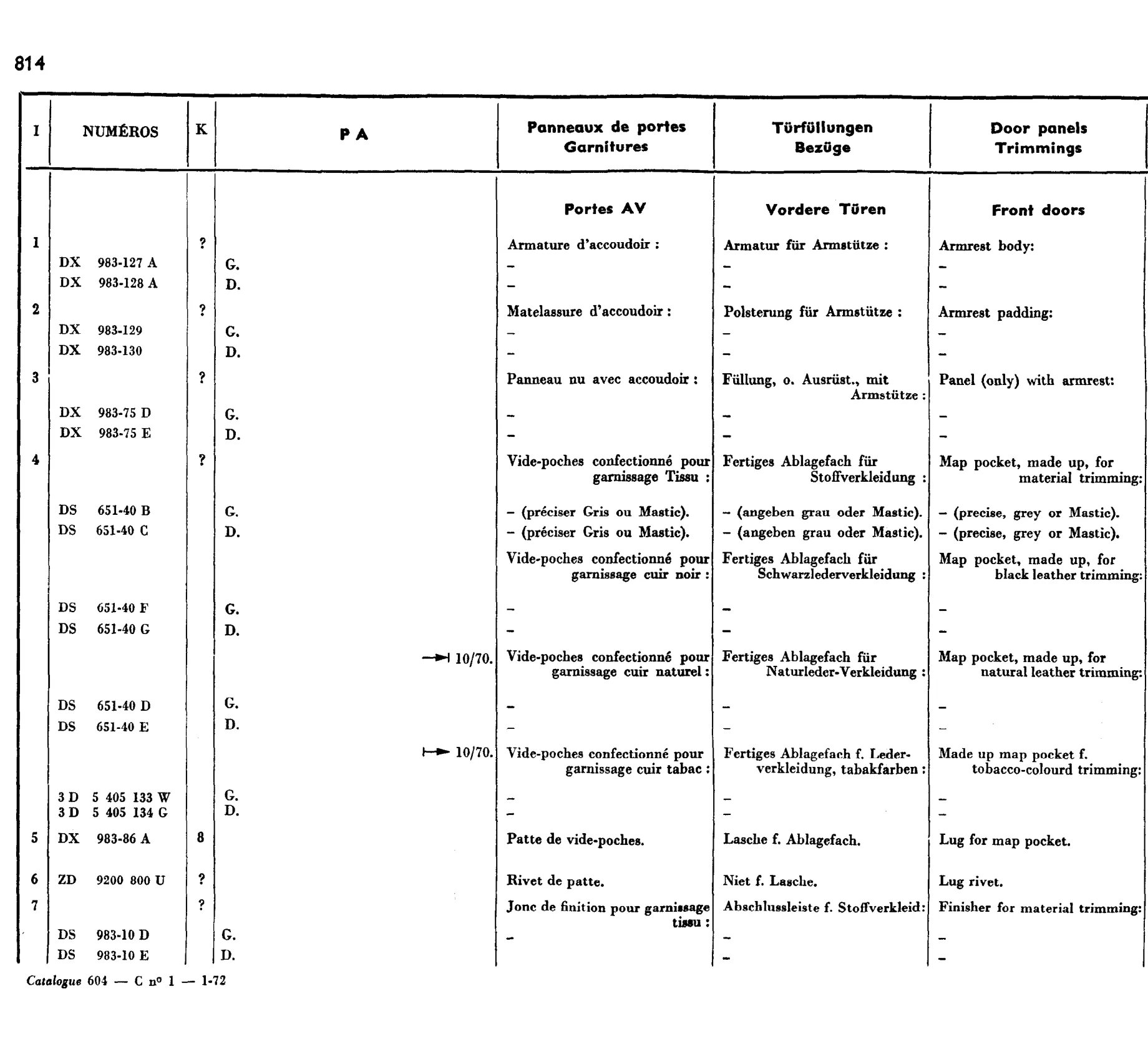 Door trim panels, page 662 of 698 — 604 Parts Catalogue — Volume I