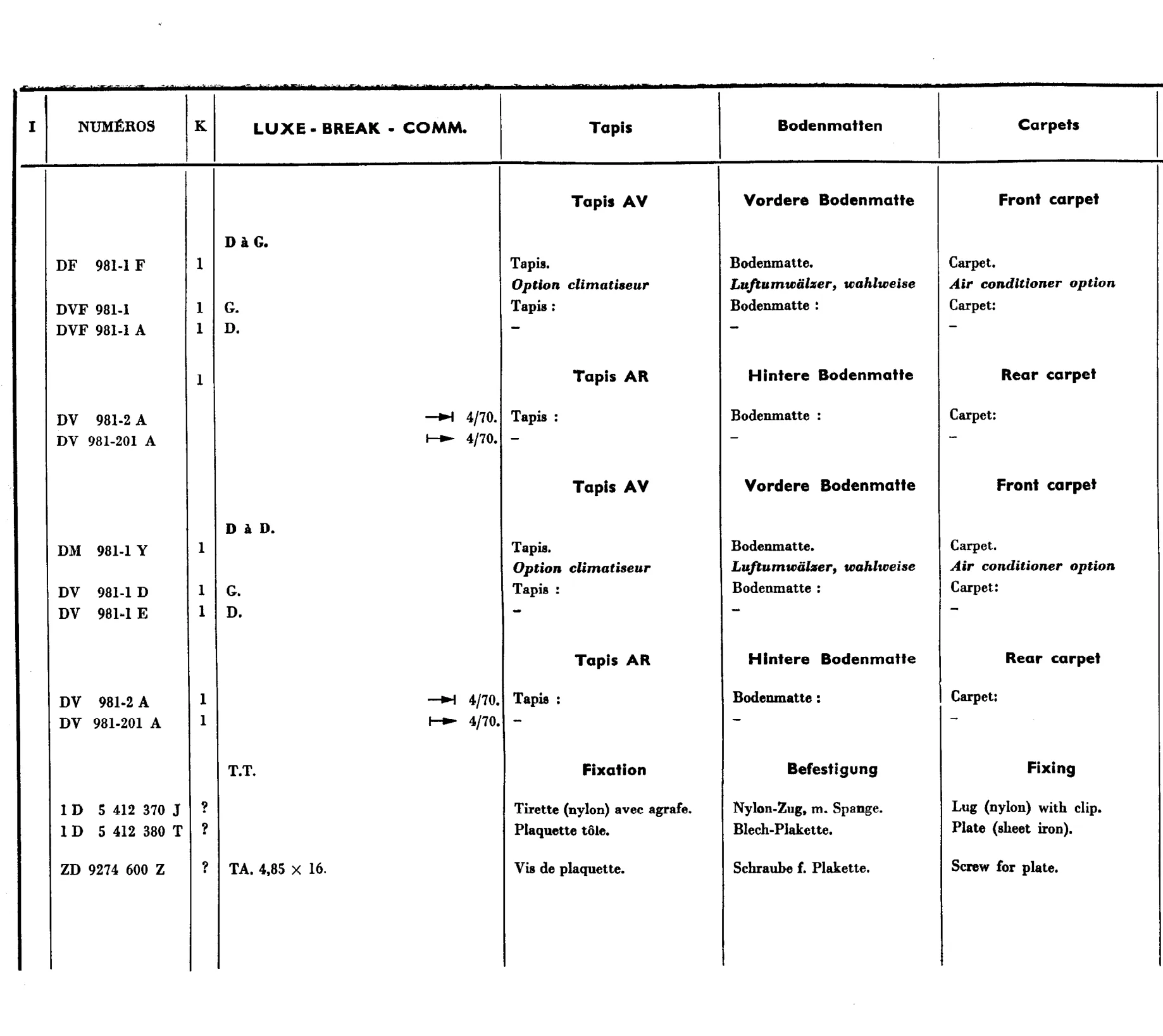 Carpets, page 694 of 698 — 604 Parts Catalogue — Volume I