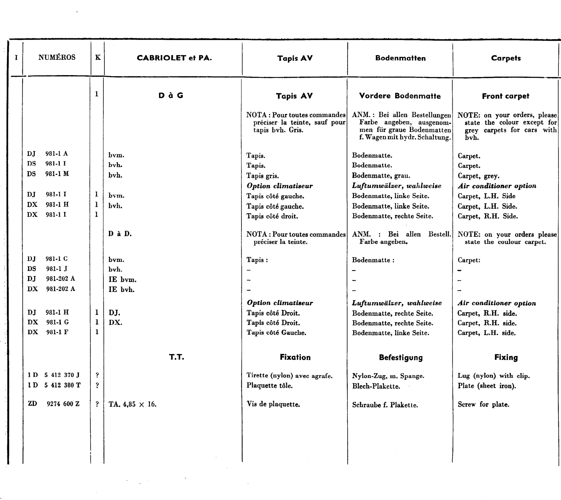 Carpets, page 696 of 698 — 604 Parts Catalogue — Volume I
