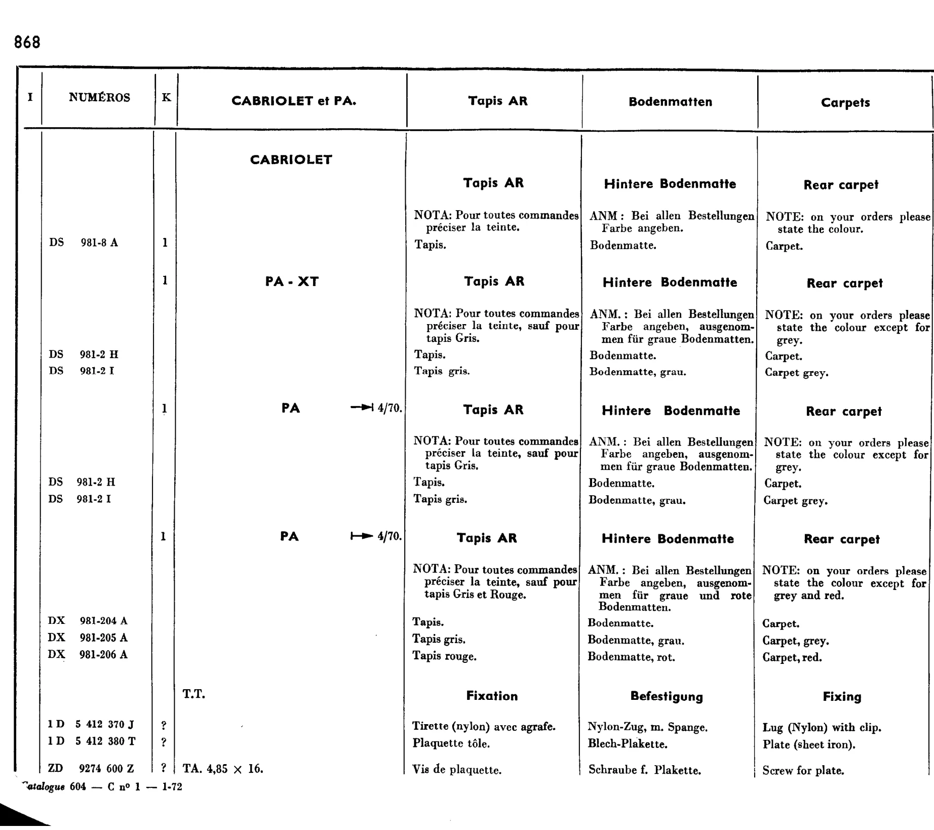 Carpets, page 697 of 698 — 604 Parts Catalogue — Volume I
