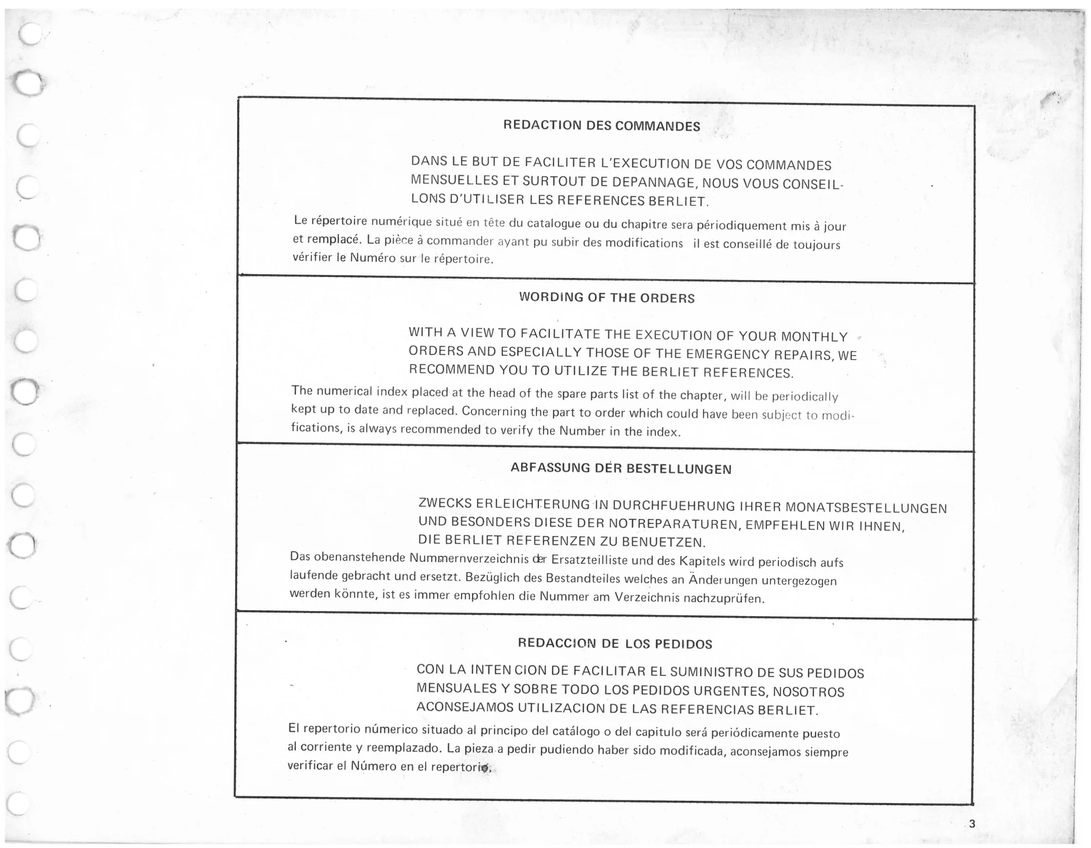 Wording of the Orders, page 5 of 545 — 350-450-480-490-530 Diesel Spare Parts Catalogue, Tome I