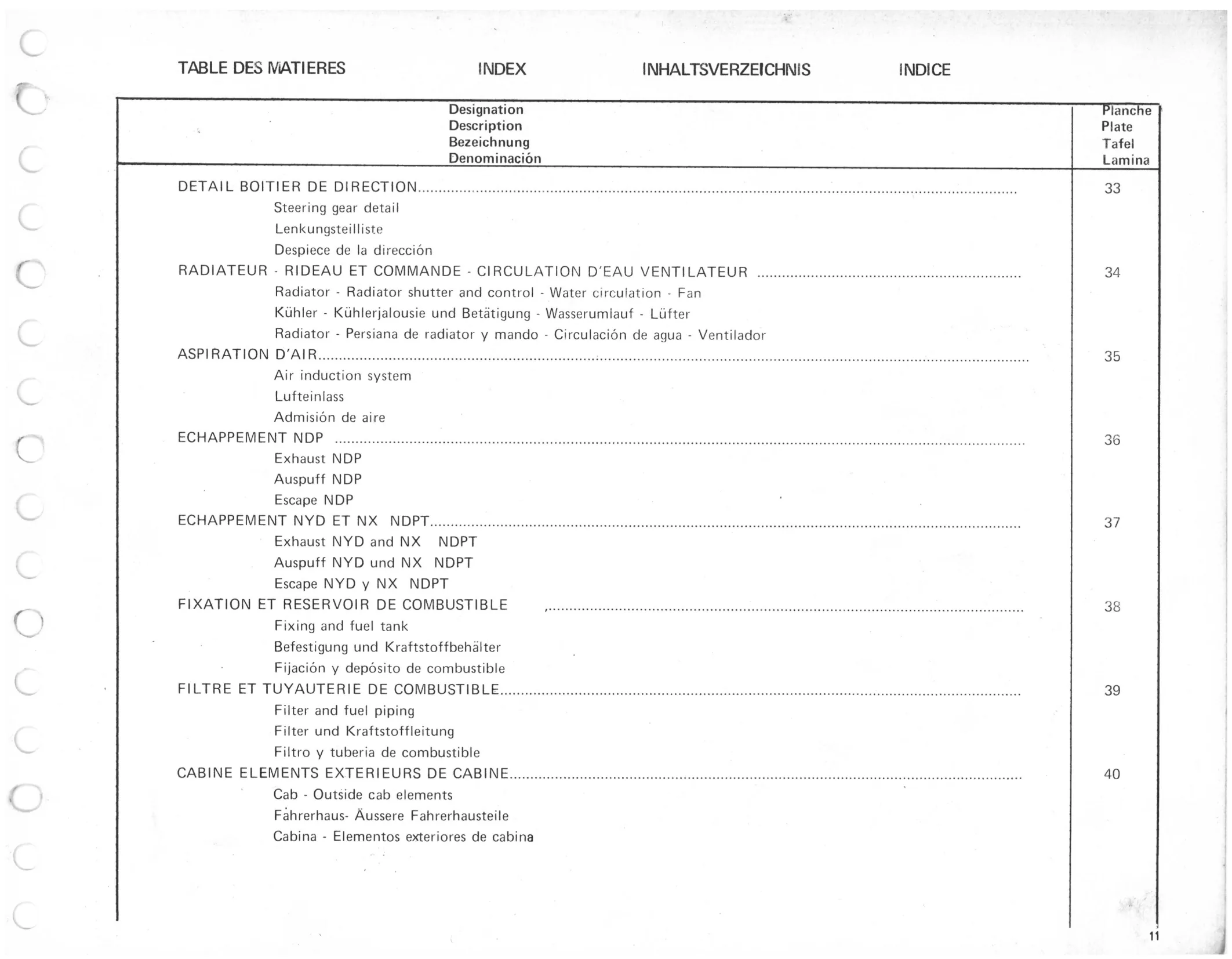 Table des Matieres - Chassis, page 13 of 545 — 350-450-480-490-530 Diesel Spare Parts Catalogue, Tome I