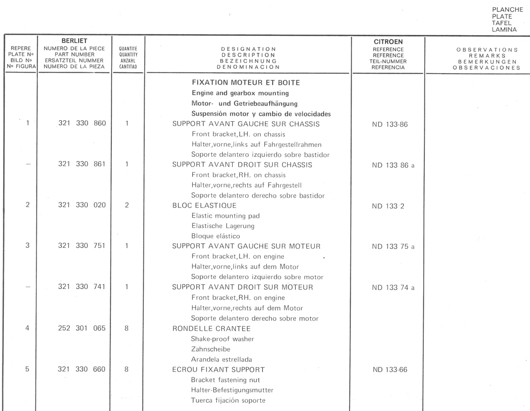 Planche 1: Fixation Moteur Et, page 77 of 545 — 350-450-480-490-530 Diesel Spare Parts Catalogue, Tome I