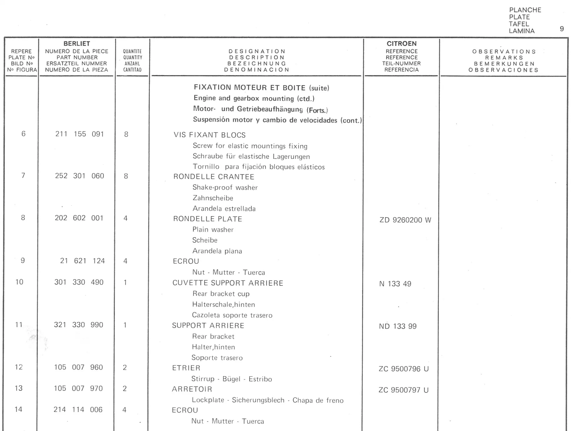 Planche 1: Fixation Moteur Et, page 78 of 545 — 350-450-480-490-530 Diesel Spare Parts Catalogue, Tome I