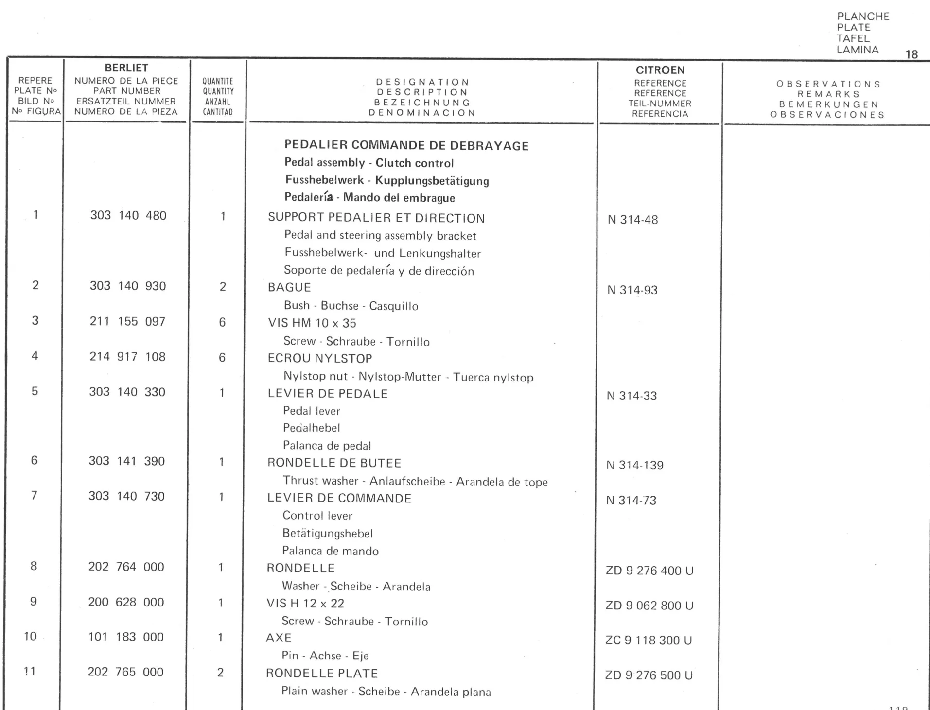 Planche 10: Pedalier Commande De Debrayage..., page 123 of 545 — 350-450-480-490-530 Diesel Spare Parts Catalogue, Tome I