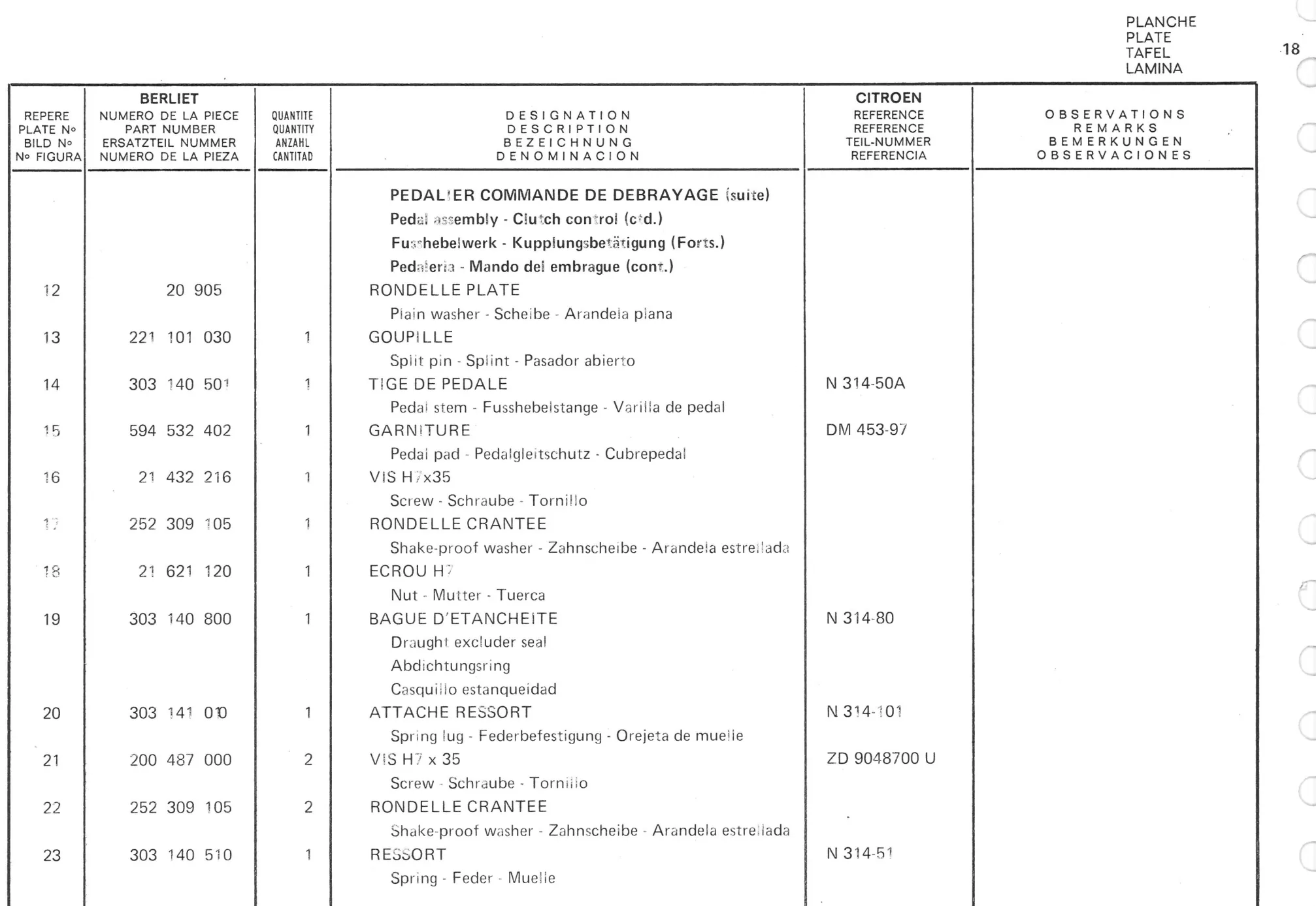 Planche 10: Pedalier Commande De Debrayage..., page 124 of 545 — 350-450-480-490-530 Diesel Spare Parts Catalogue, Tome I