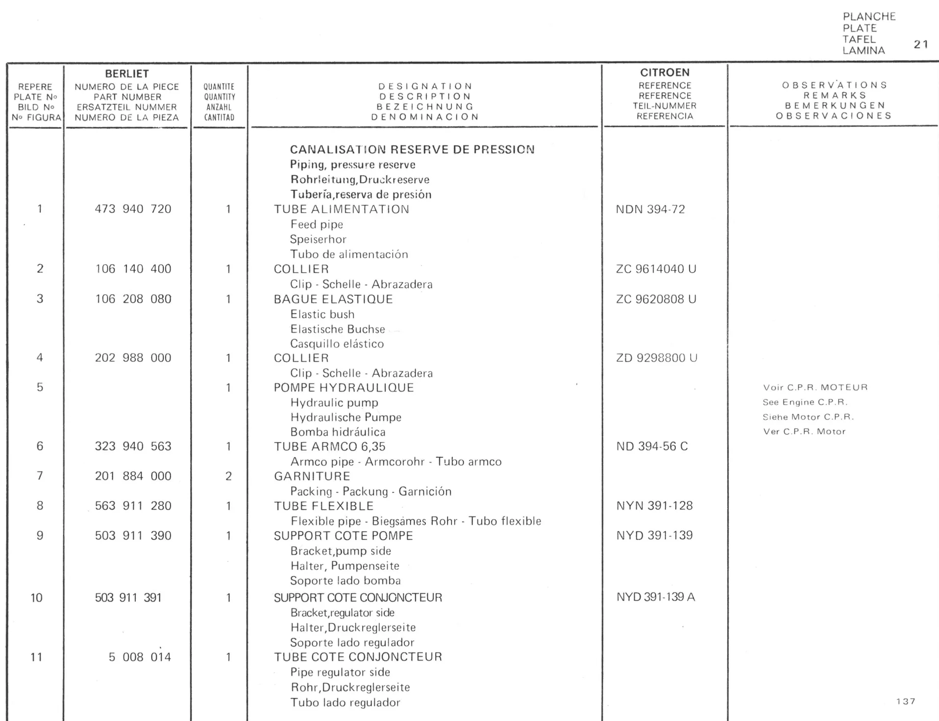 Planche 10: Pedalier Commande De Debrayage..., page 137 of 545 — 350-450-480-490-530 Diesel Spare Parts Catalogue, Tome I