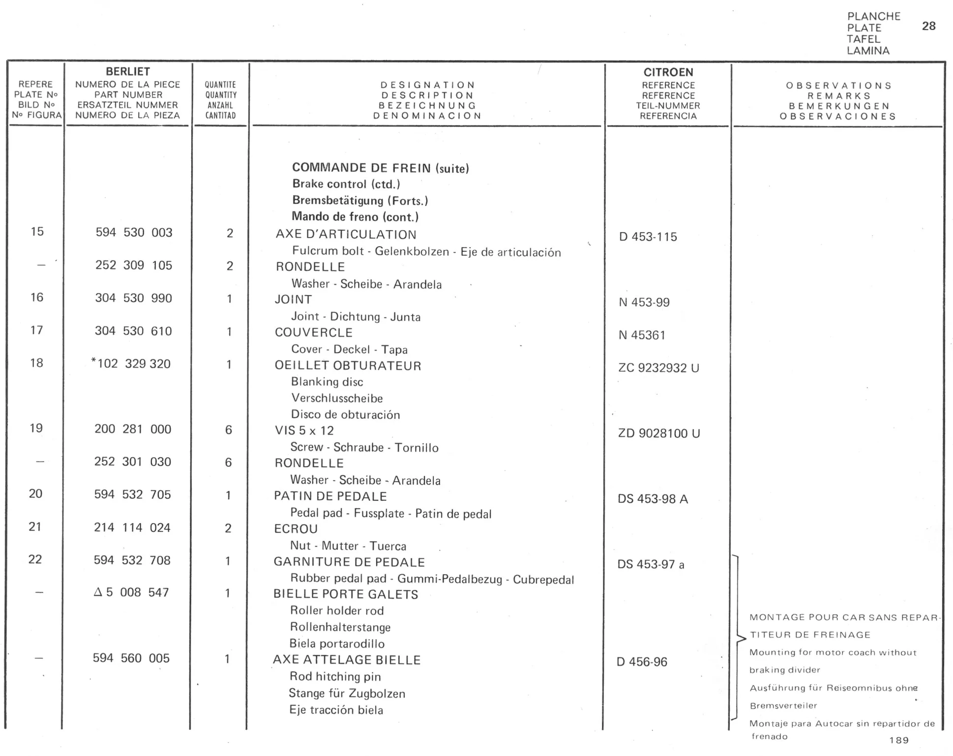 Planche 20: Commande De Frein - Contacteur De, page 179 of 545 — 350-450-480-490-530 Diesel Spare Parts Catalogue, Tome I