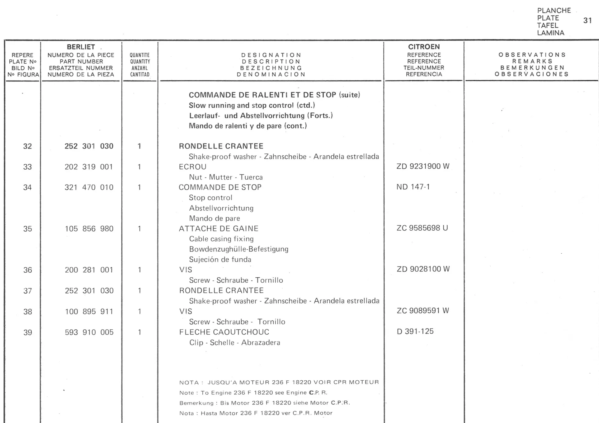 Planche 23: Commandes D’Acceleration De Ralenti Et De Stop., page 198 of 545 — 350-450-480-490-530 Diesel Spare Parts Catalogue, Tome I