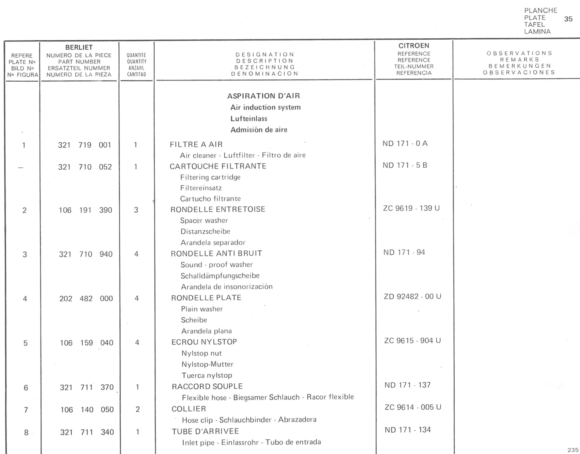 Planche 27: Aspiration D’Air., page 214 of 545 — 350-450-480-490-530 Diesel Spare Parts Catalogue, Tome I