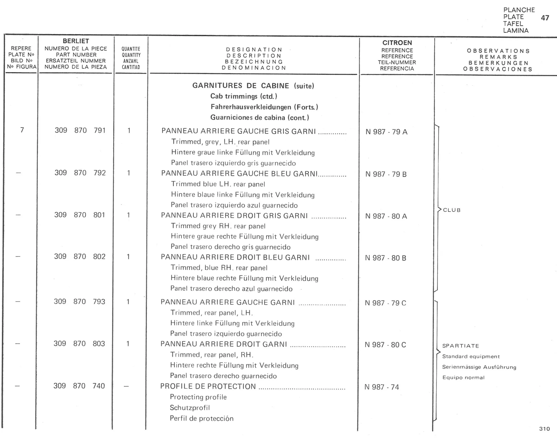 Planche 33: Elements Interieurs De Cabine, page 273 of 545 — 350-450-480-490-530 Diesel Spare Parts Catalogue, Tome I