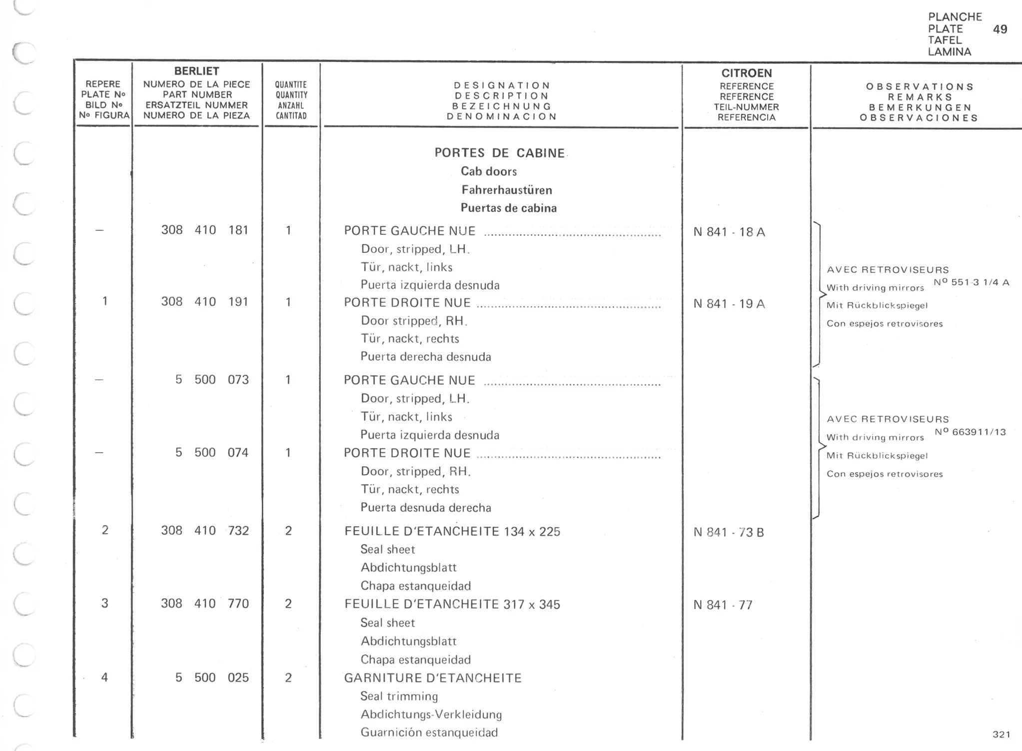 Planche 39: Portes De Cabine, page 280 of 545 — 350-450-480-490-530 Diesel Spare Parts Catalogue, Tome I