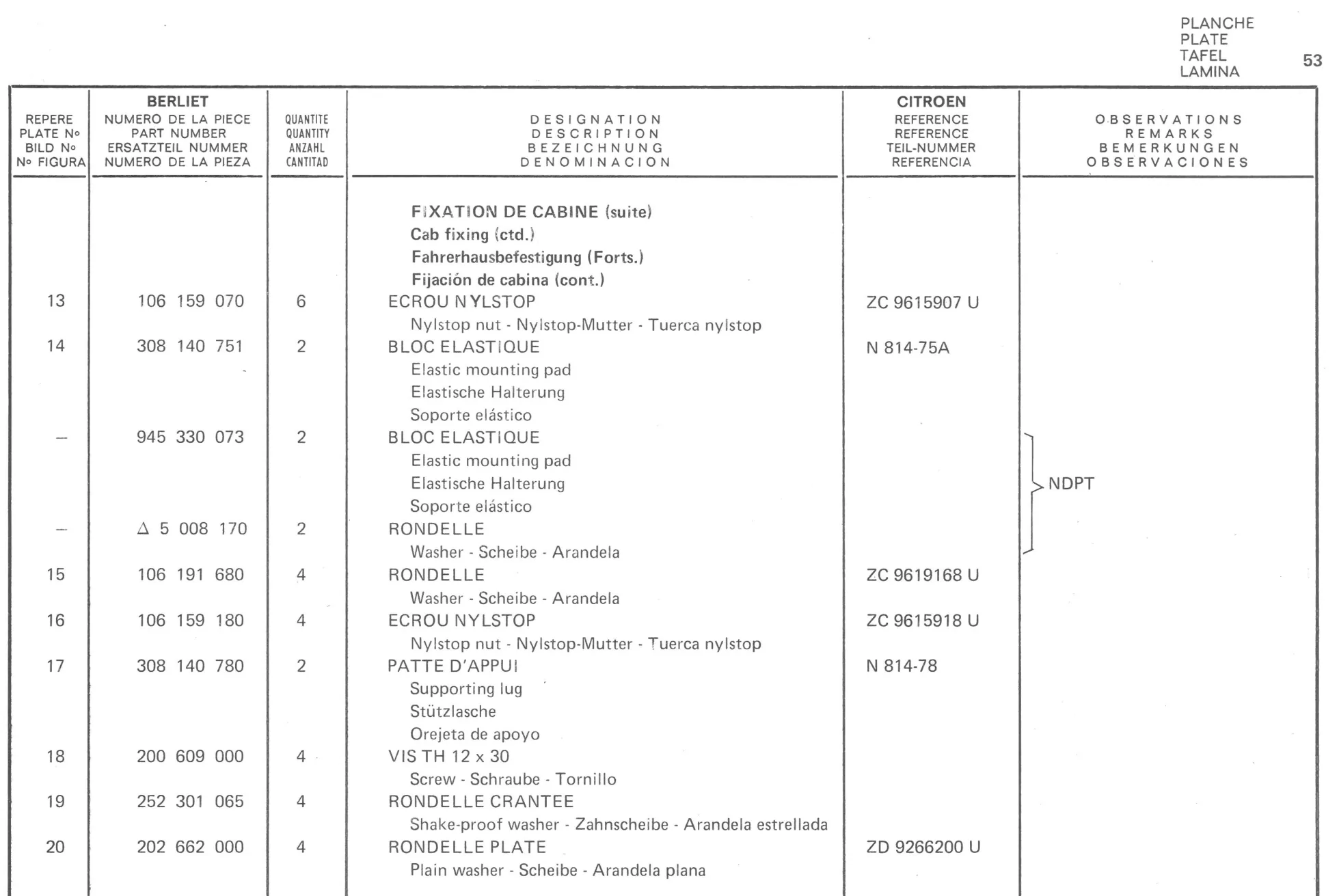 Planche 43: Fixation De Cabine, page 304 of 545 — 350-450-480-490-530 Diesel Spare Parts Catalogue, Tome I
