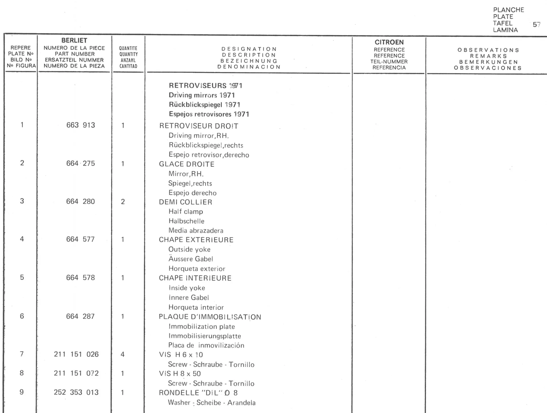 Planche 47: Retroviseurs A Partir 1971, page 316 of 545 — 350-450-480-490-530 Diesel Spare Parts Catalogue, Tome I