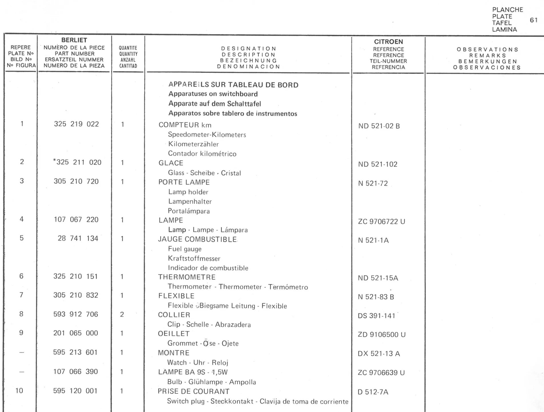 Planche 50: Appareils Sur Tableau, De Bor, page 332 of 545 — 350-450-480-490-530 Diesel Spare Parts Catalogue, Tome I