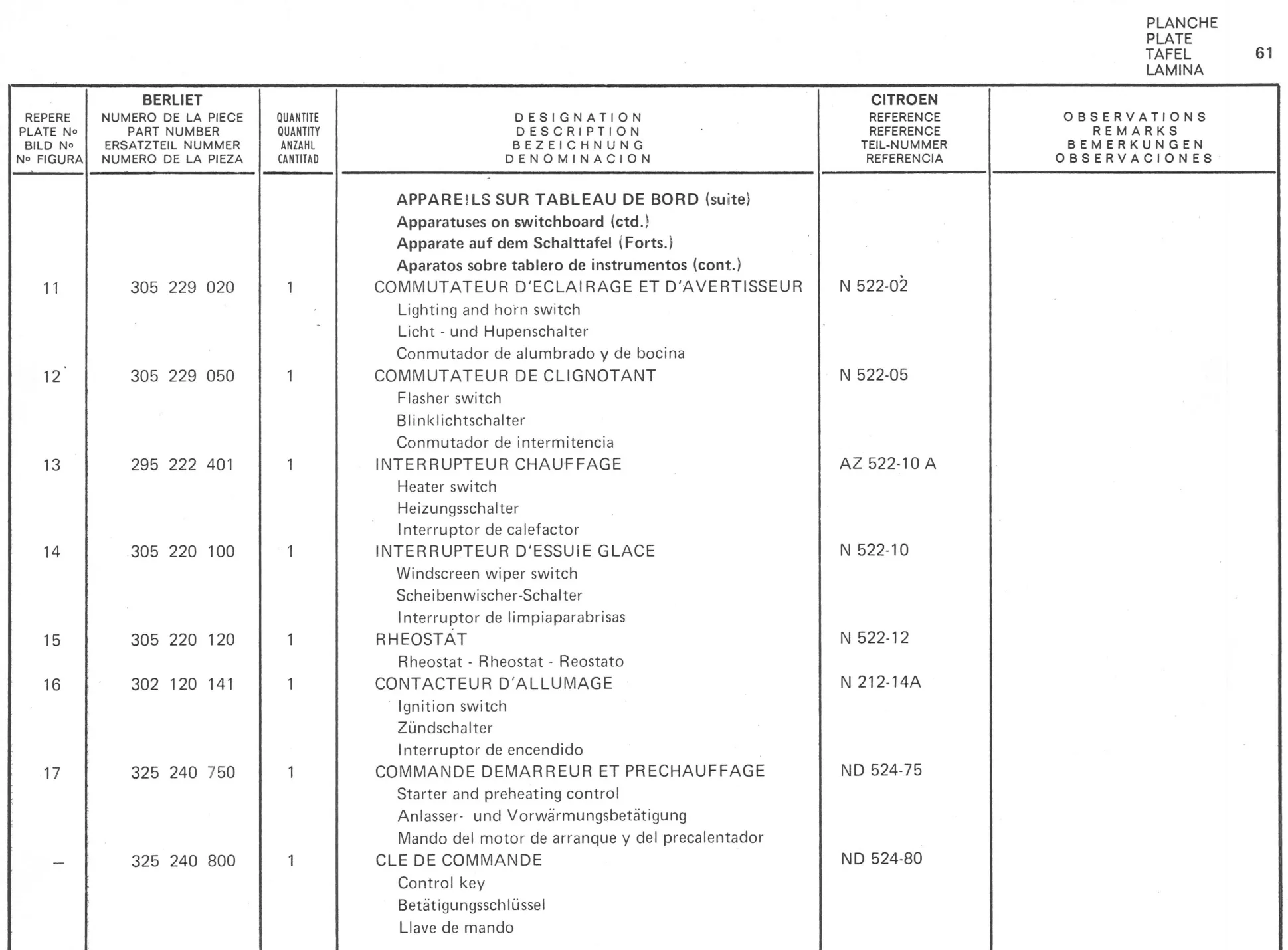 Planche 50: Appareils Sur Tableau, De Bor, page 333 of 545 — 350-450-480-490-530 Diesel Spare Parts Catalogue, Tome I