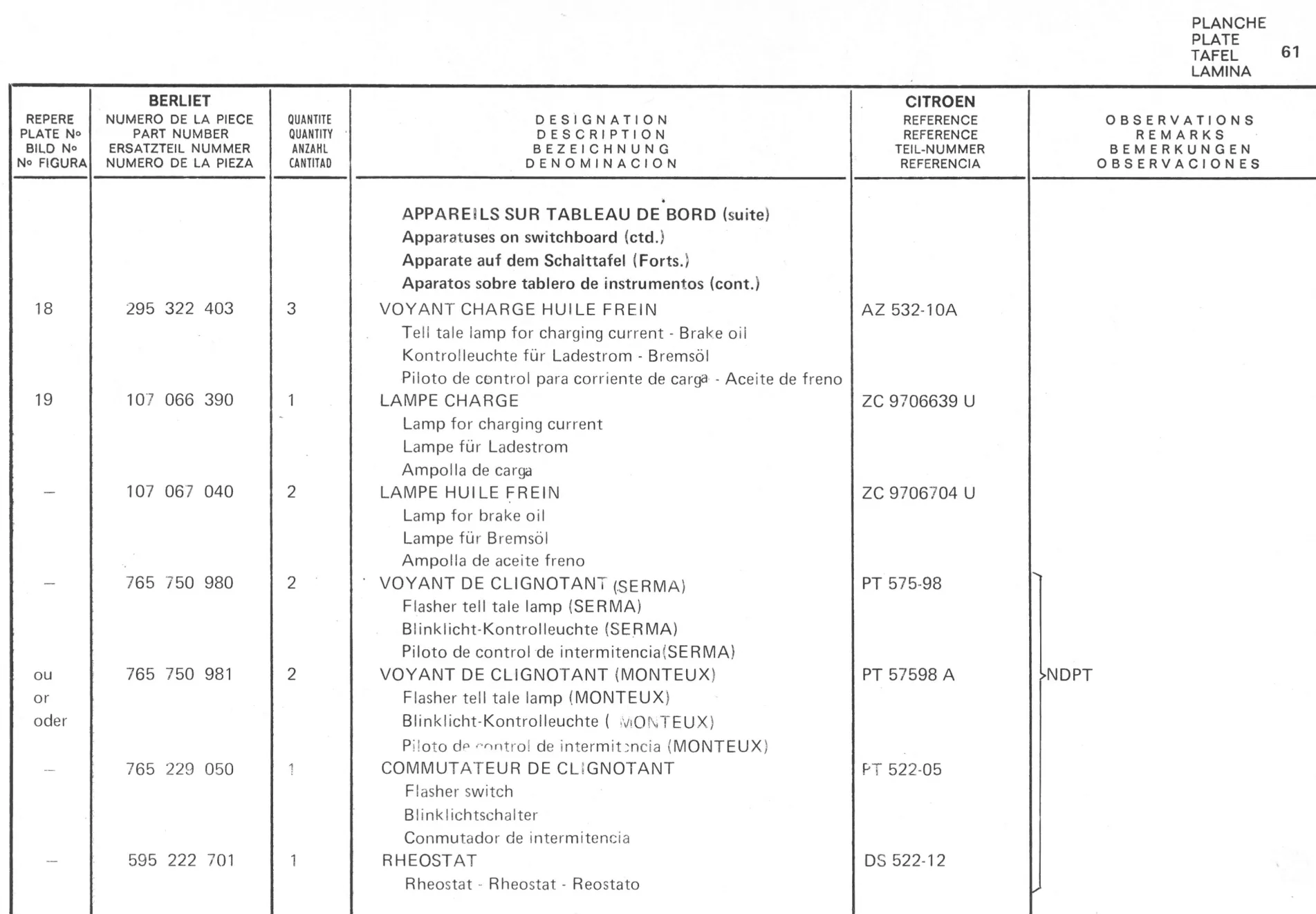 Planche 50: Appareils Sur Tableau, De Bor, page 334 of 545 — 350-450-480-490-530 Diesel Spare Parts Catalogue, Tome I