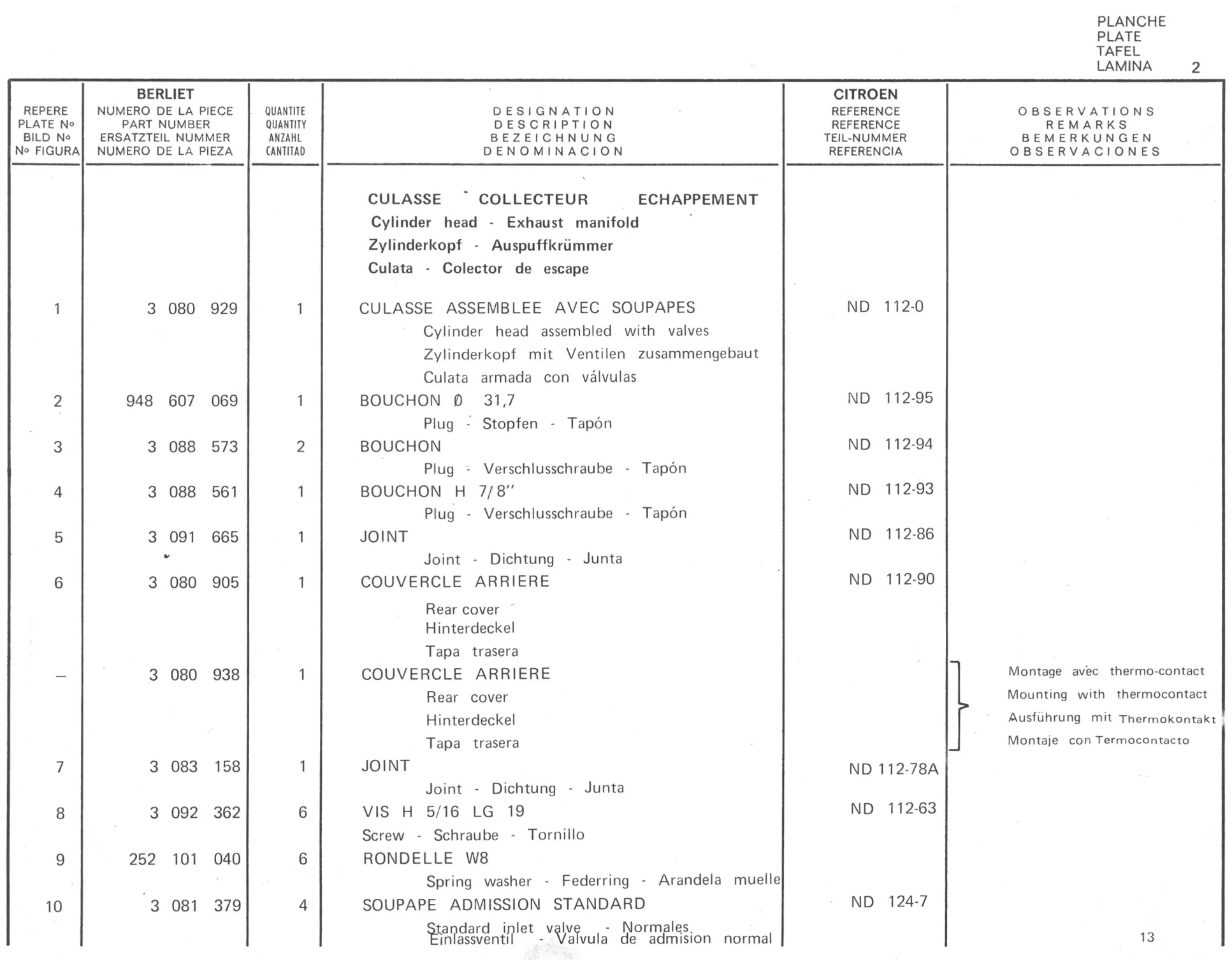 Planche 2: Culasse - Collecteur D’Echappement., page 371 of 545 — 350-450-480-490-530 Diesel Spare Parts Catalogue, Tome I