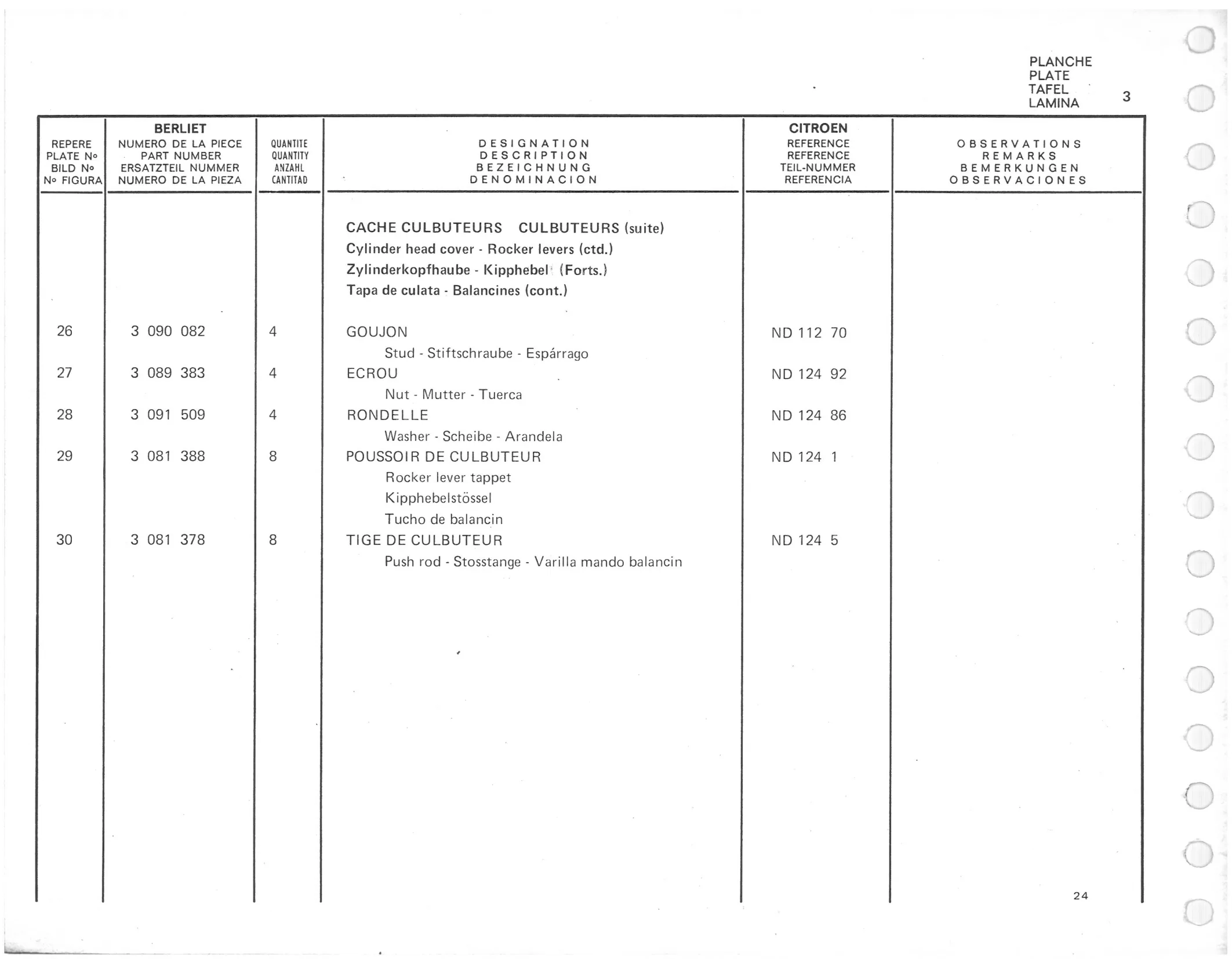 Planche 3: Cache Culbuteurs Culbuteurs, page 381 of 545 — 350-450-480-490-530 Diesel Spare Parts Catalogue, Tome I