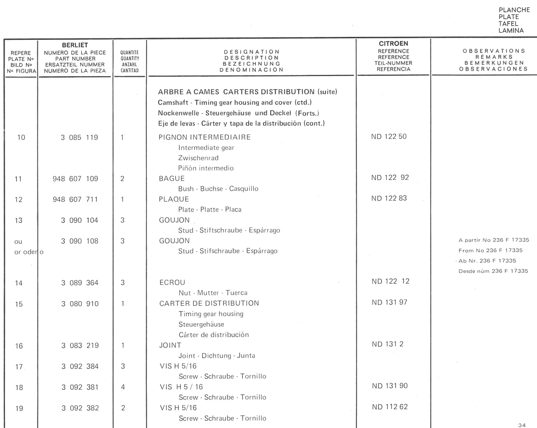 Planche 5: Arbre A Cames - Carters Distribution, page 389 of 545 — 350-450-480-490-530 Diesel Spare Parts Catalogue, Tome I