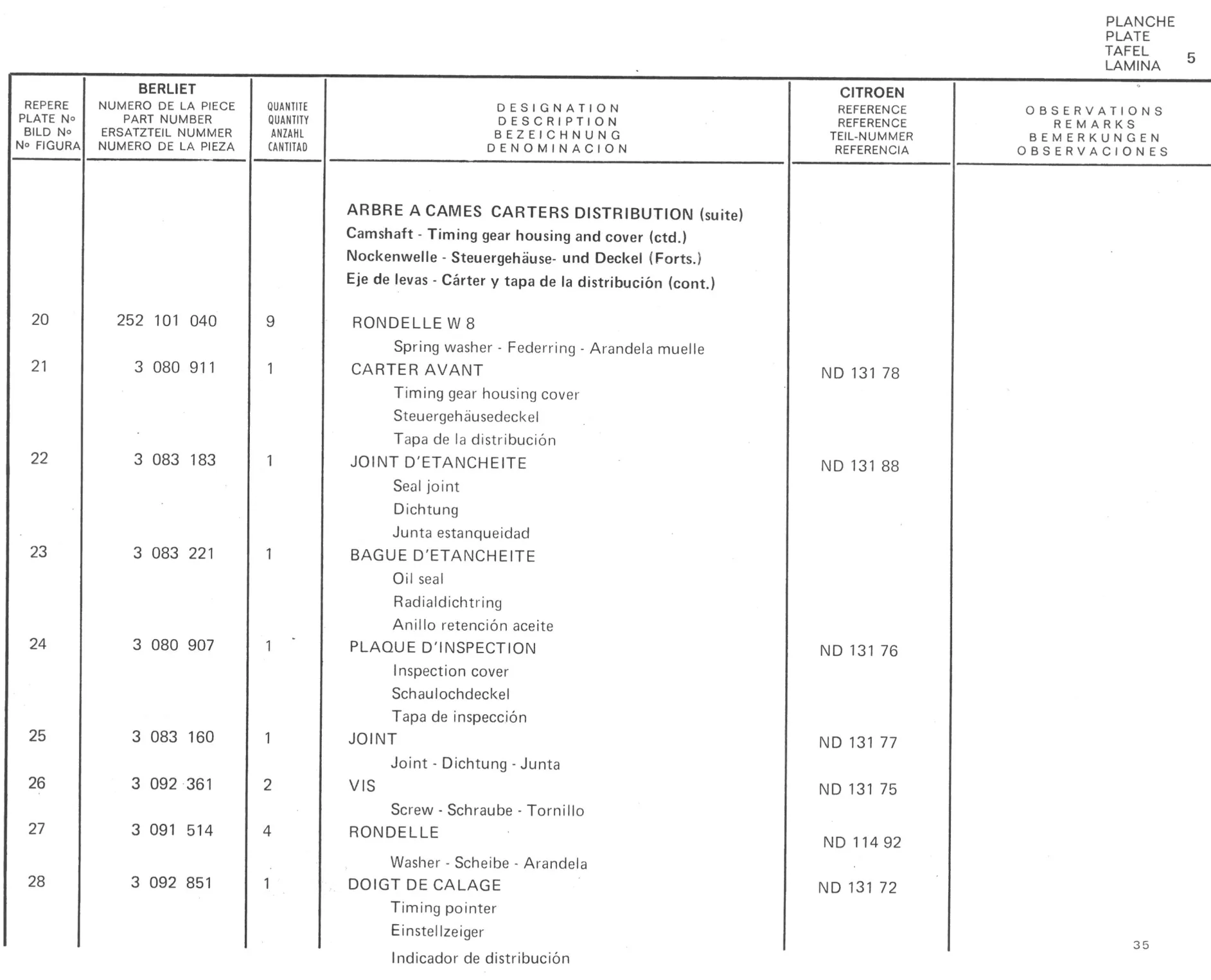 Planche 5: Arbre A Cames - Carters Distribution, page 390 of 545 — 350-450-480-490-530 Diesel Spare Parts Catalogue, Tome I