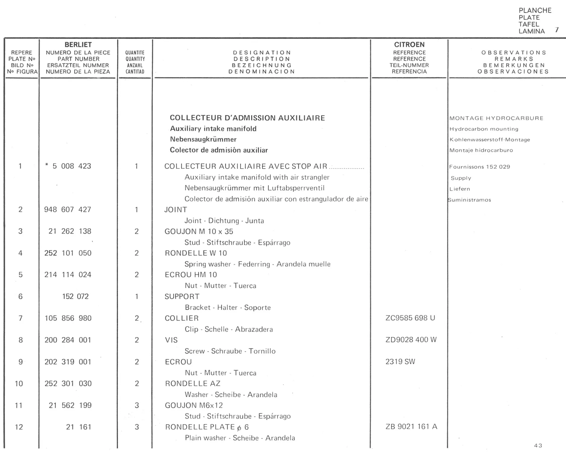 Planche 7: Collecteur Dadmission Auxiliaire, page 395 of 545 — 350-450-480-490-530 Diesel Spare Parts Catalogue, Tome I