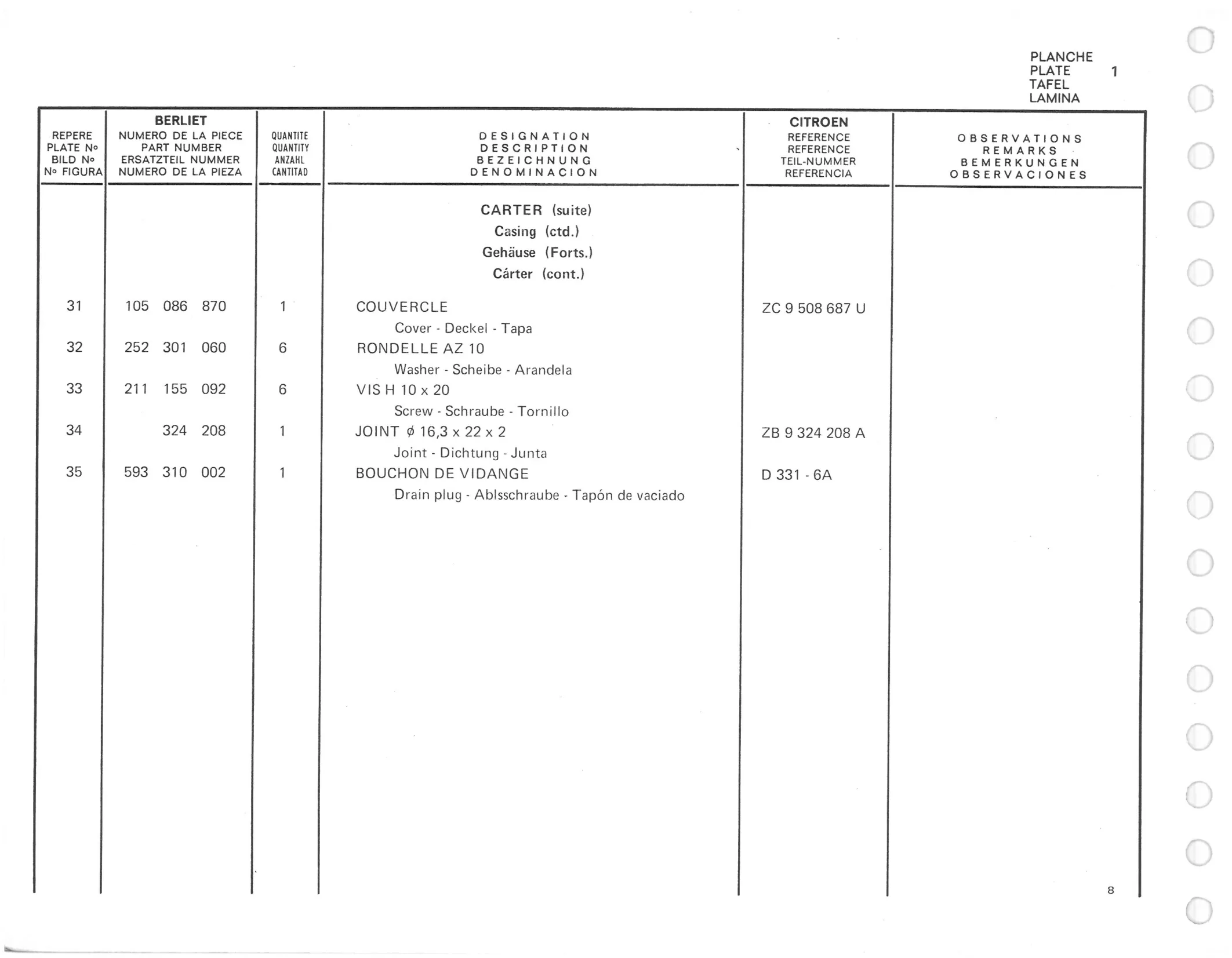 Planche 1: Carter, page 475 of 545 — 350-450-480-490-530 Diesel Spare Parts Catalogue, Tome I
