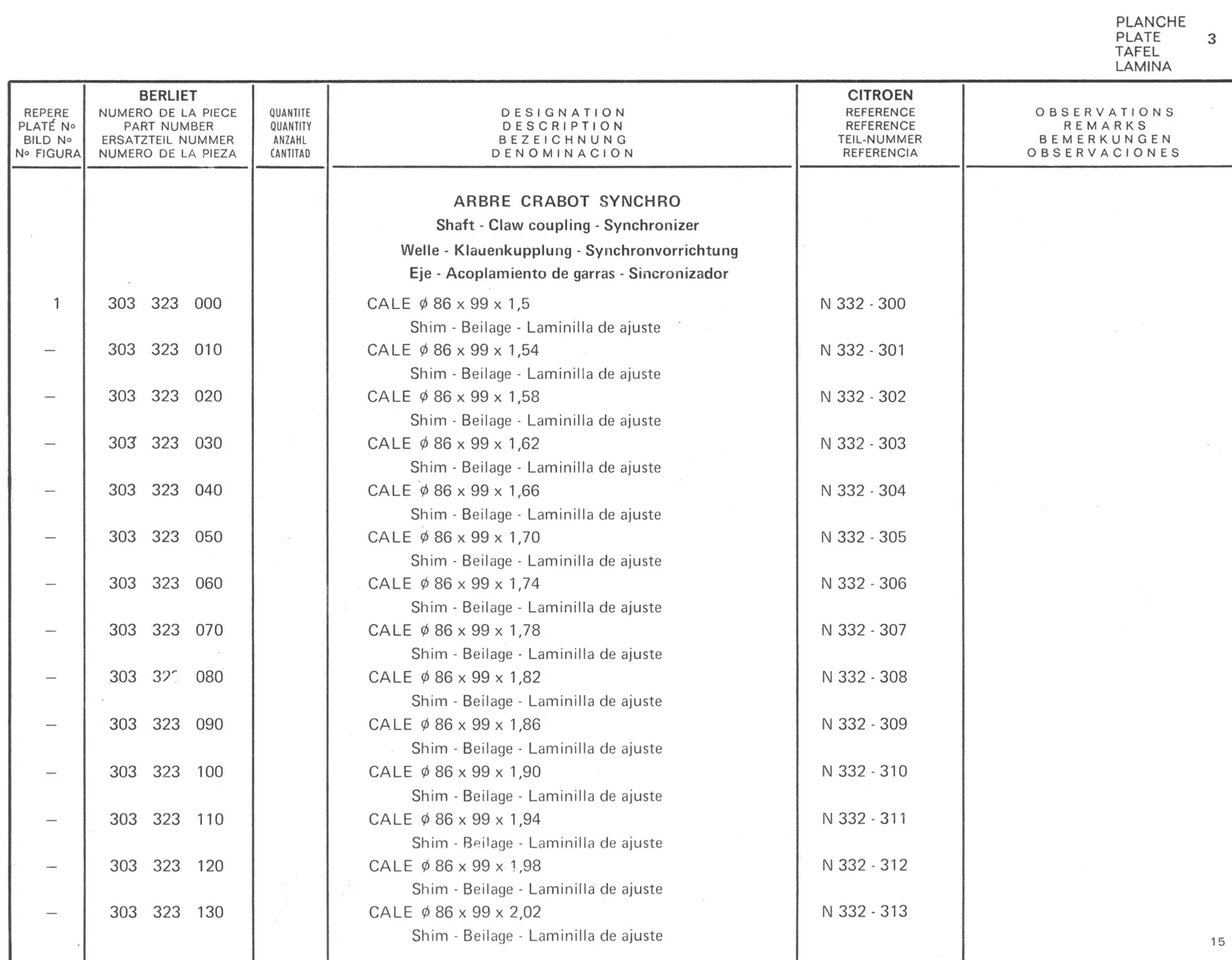 Planche 3: Arbre Crabot Synchro, page 480 of 545 — 350-450-480-490-530 Diesel Spare Parts Catalogue, Tome I