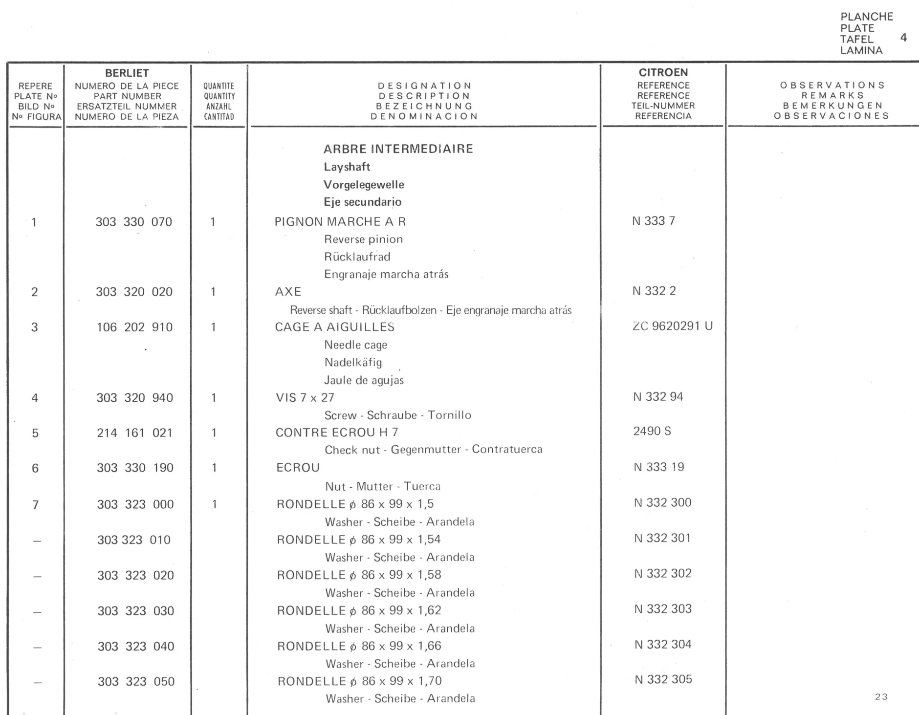 Planche 4: Arbre Intermediaire, page 486 of 545 — 350-450-480-490-530 Diesel Spare Parts Catalogue, Tome I