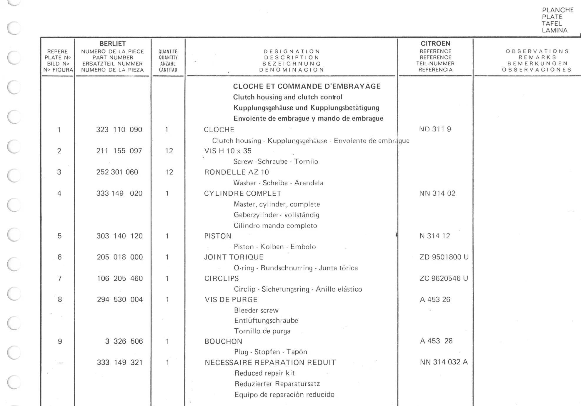 Planche 6: Cloche Et Commande D‘Embrayage, page 495 of 545 — 350-450-480-490-530 Diesel Spare Parts Catalogue, Tome I