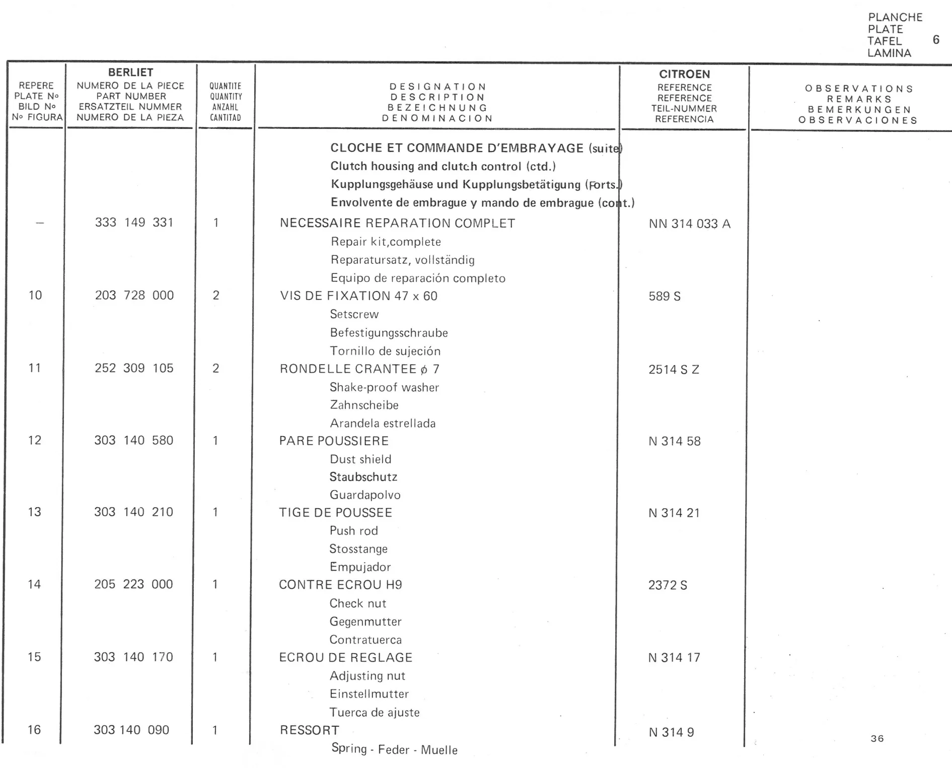 Planche 6: Cloche Et Commande D‘Embrayage, page 496 of 545 — 350-450-480-490-530 Diesel Spare Parts Catalogue, Tome I