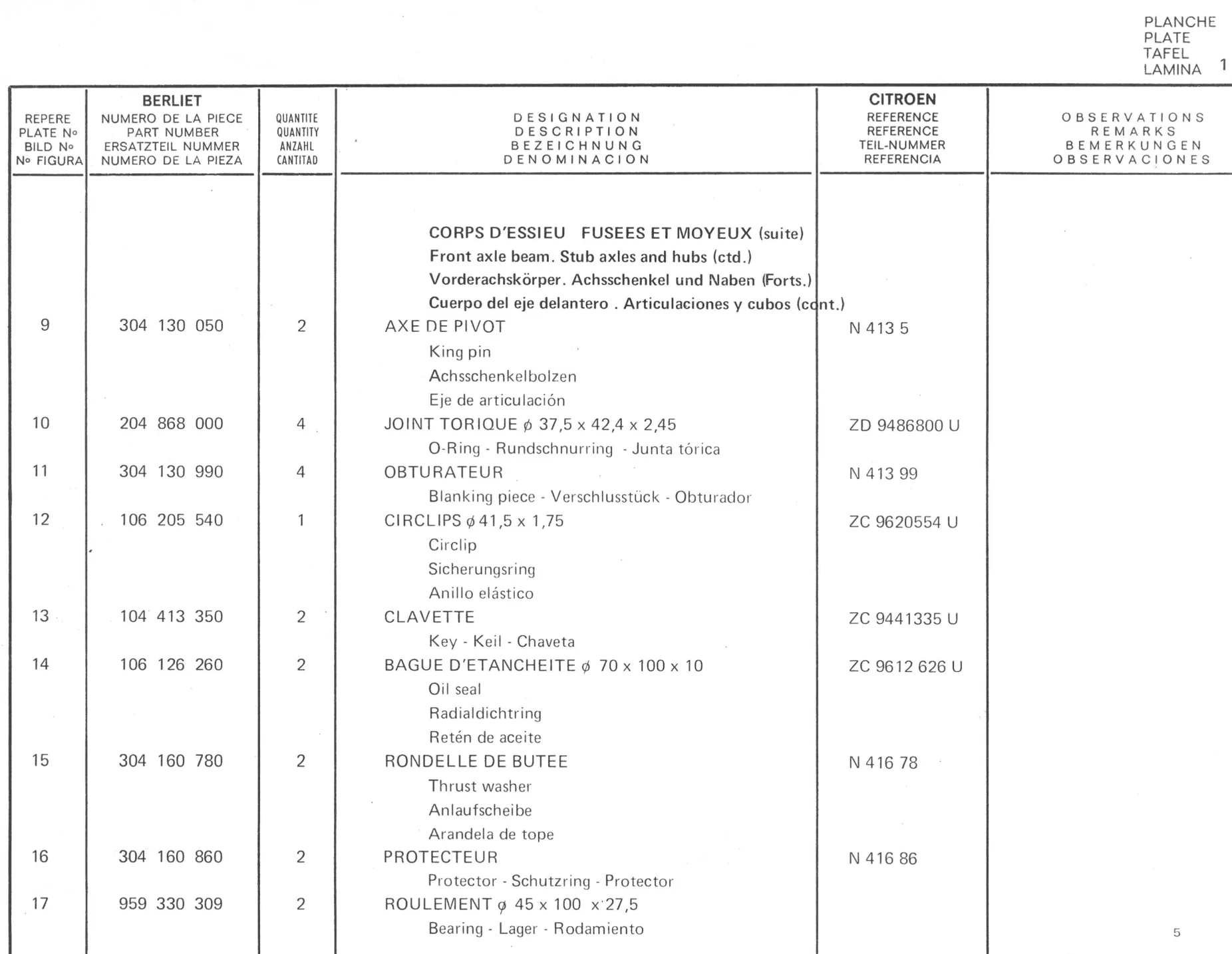 Planche 1: Corps D’Essieu Fusees Et Moyeux, page 505 of 545 — 350-450-480-490-530 Diesel Spare Parts Catalogue, Tome I