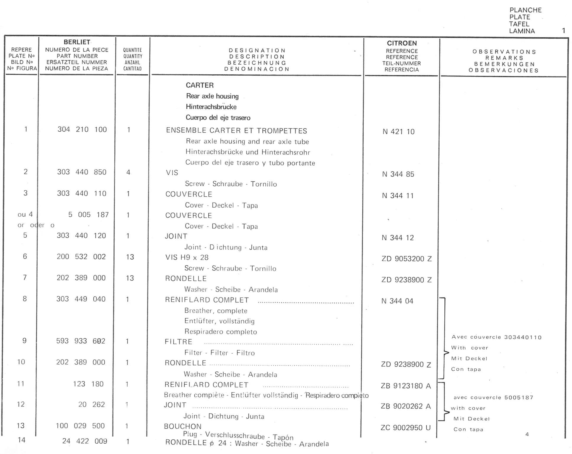 Planche 1: Carter, page 525 of 545 — 350-450-480-490-530 Diesel Spare Parts Catalogue, Tome I