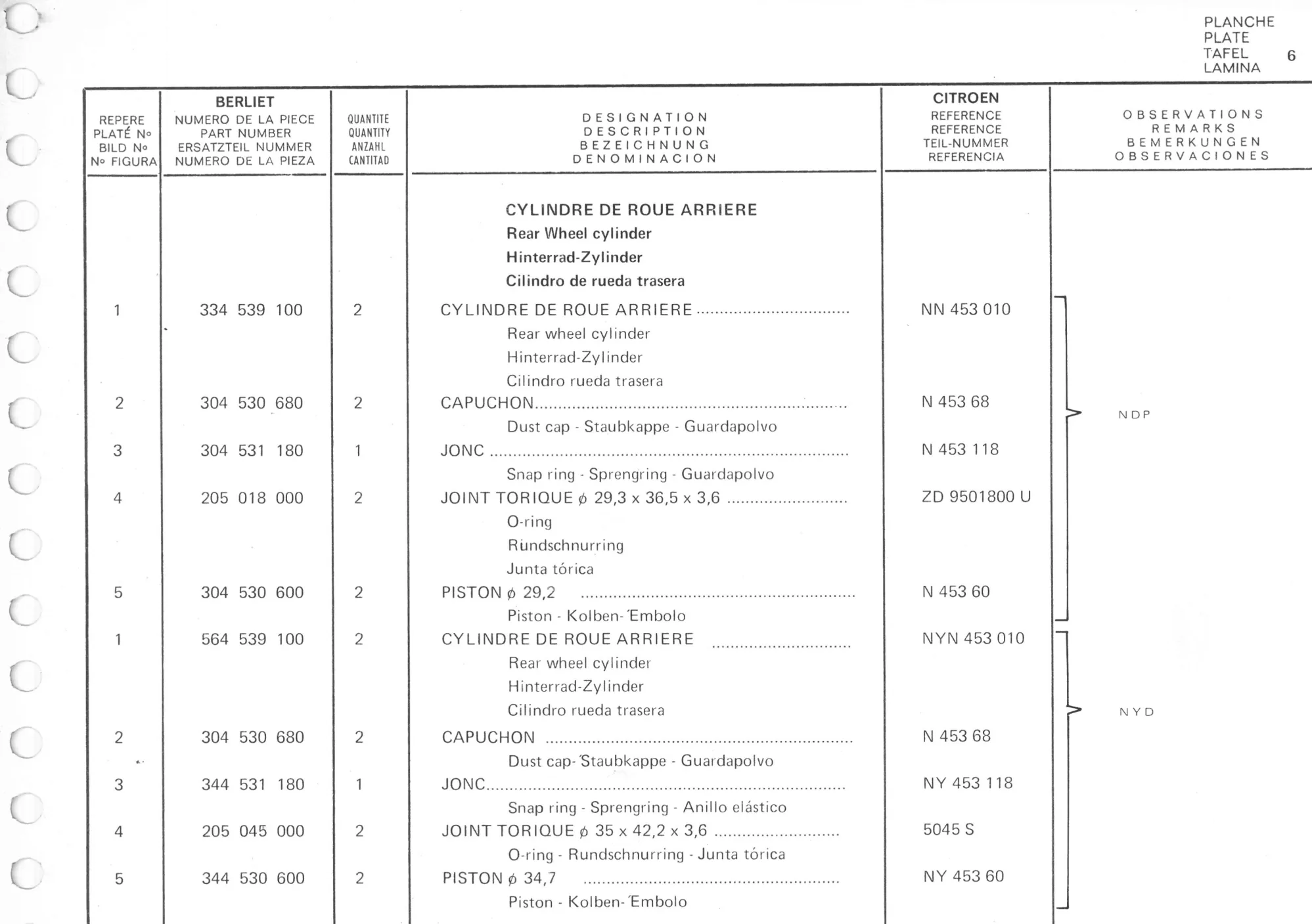 Planche 6: Detail Cylindre De Roue, page 543 of 545 — 350-450-480-490-530 Diesel Spare Parts Catalogue, Tome I