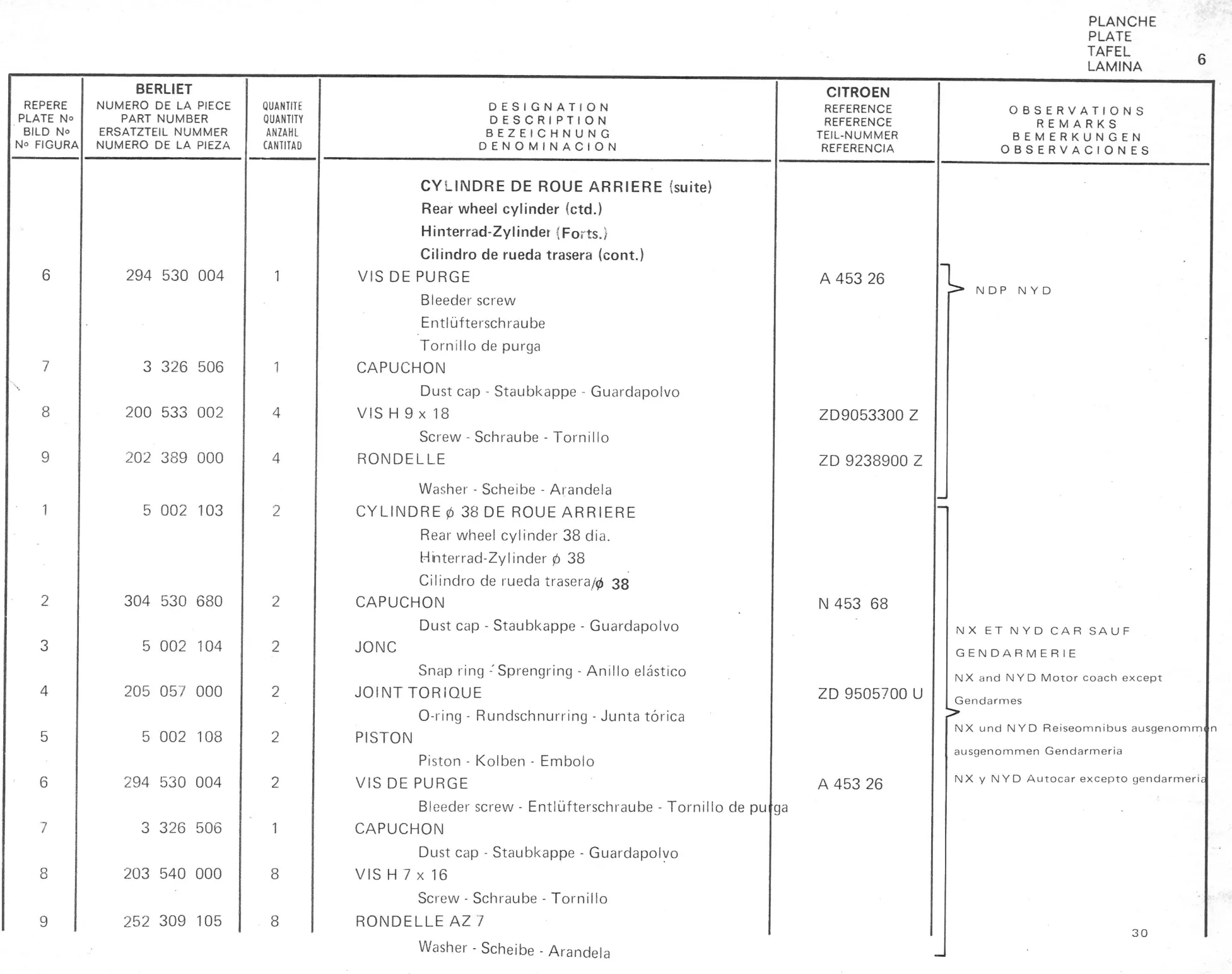 Planche 6: Detail Cylindre De Roue, page 544 of 545 — 350-450-480-490-530 Diesel Spare Parts Catalogue, Tome I