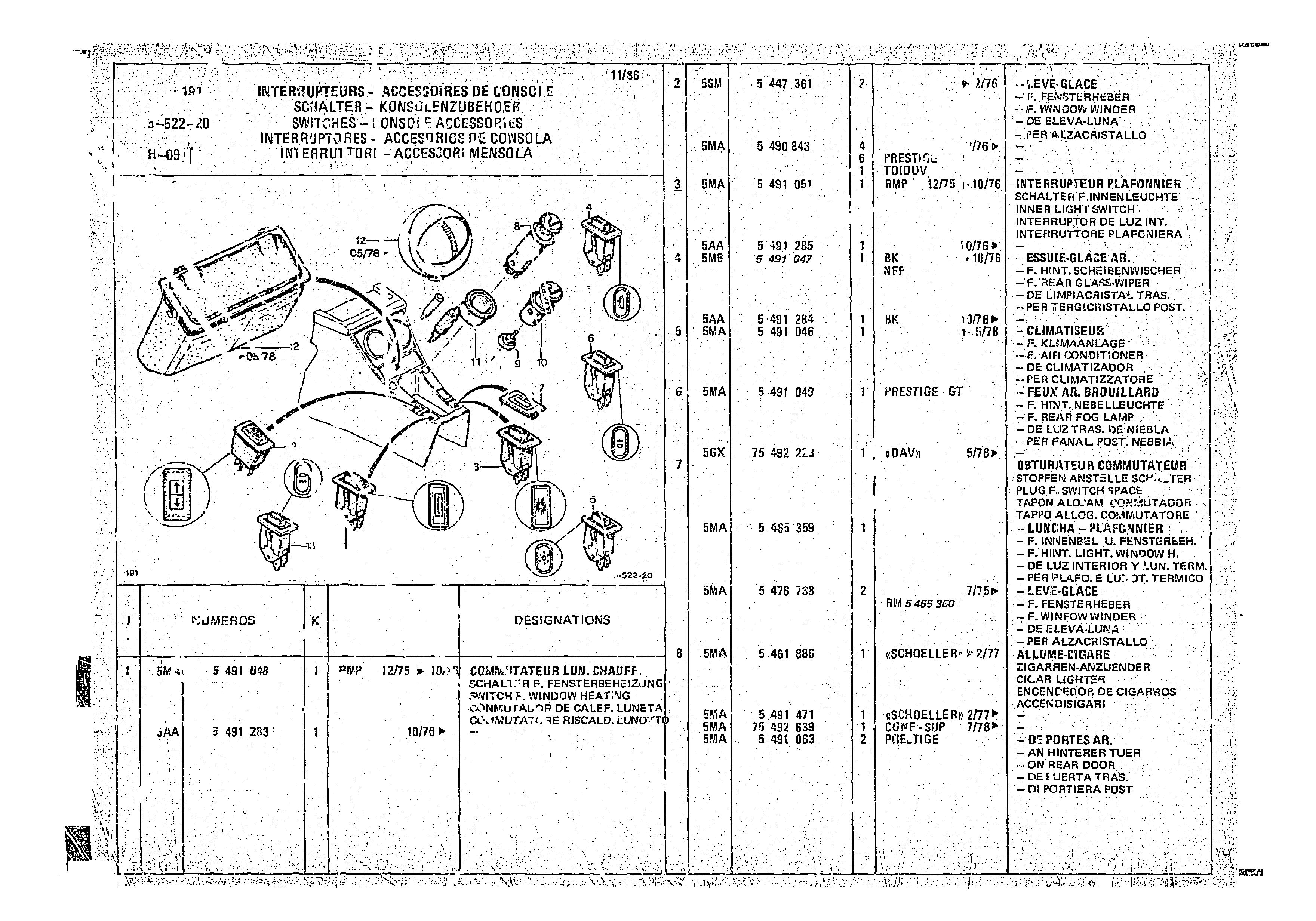 Switches - Console Accessories, page 524 of 966 — CX Parts Catalogue — 1974–1979