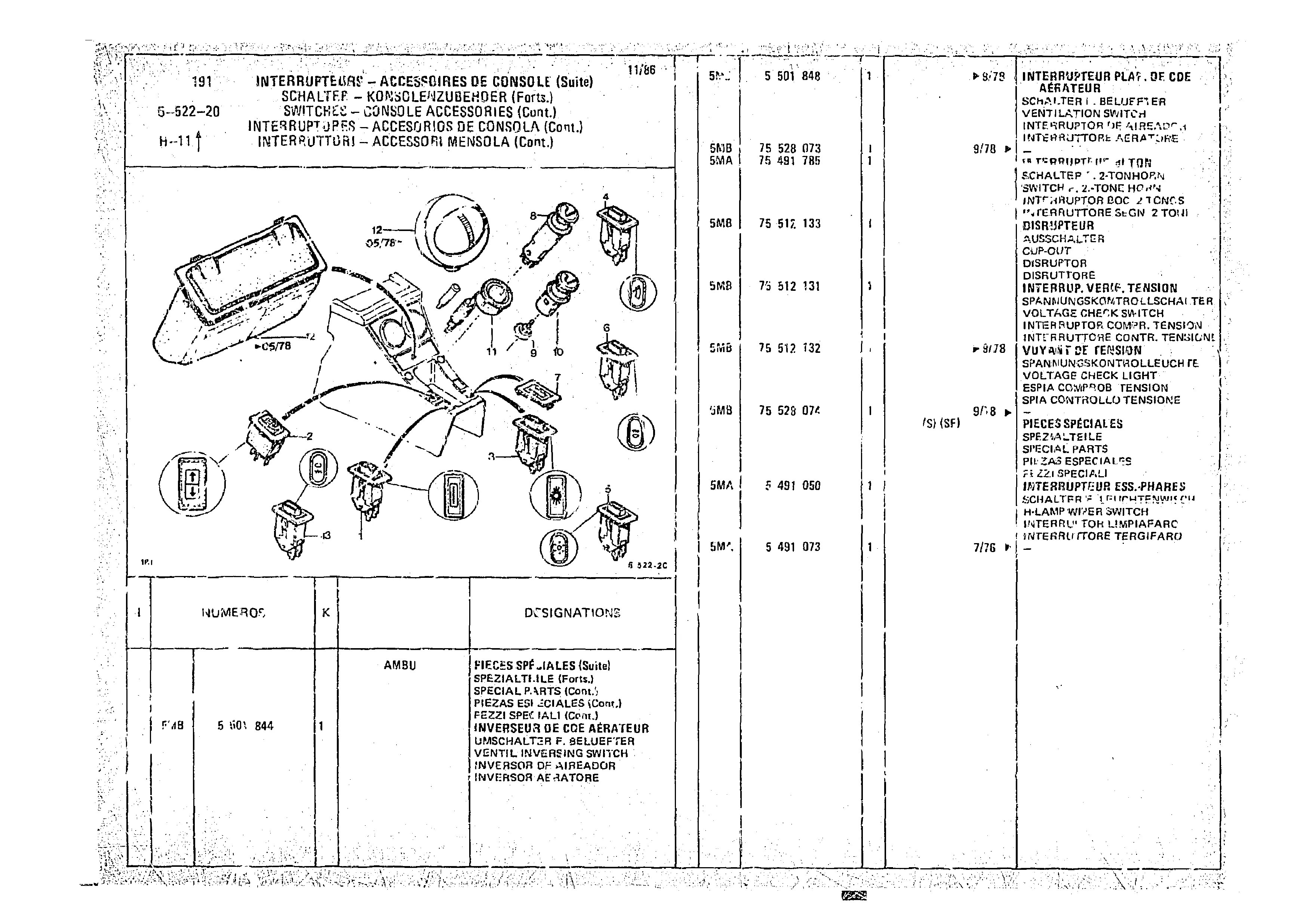 Switches - Console Accessories, page 526 of 966 — CX Parts Catalogue — 1974–1979