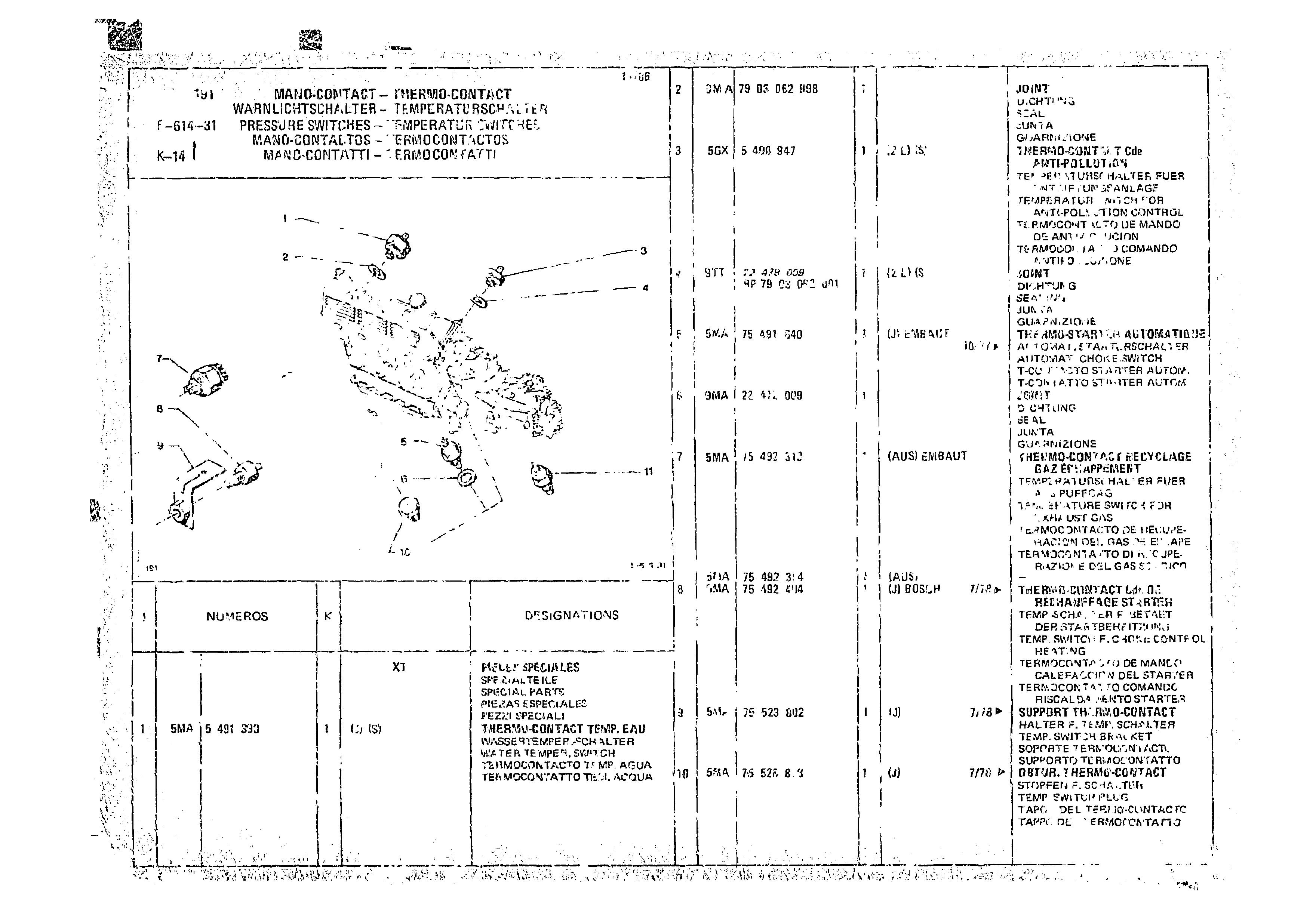 Pressure Switches - Temperature Switches, page 559 of 966 — CX Parts Catalogue — 1974–1979