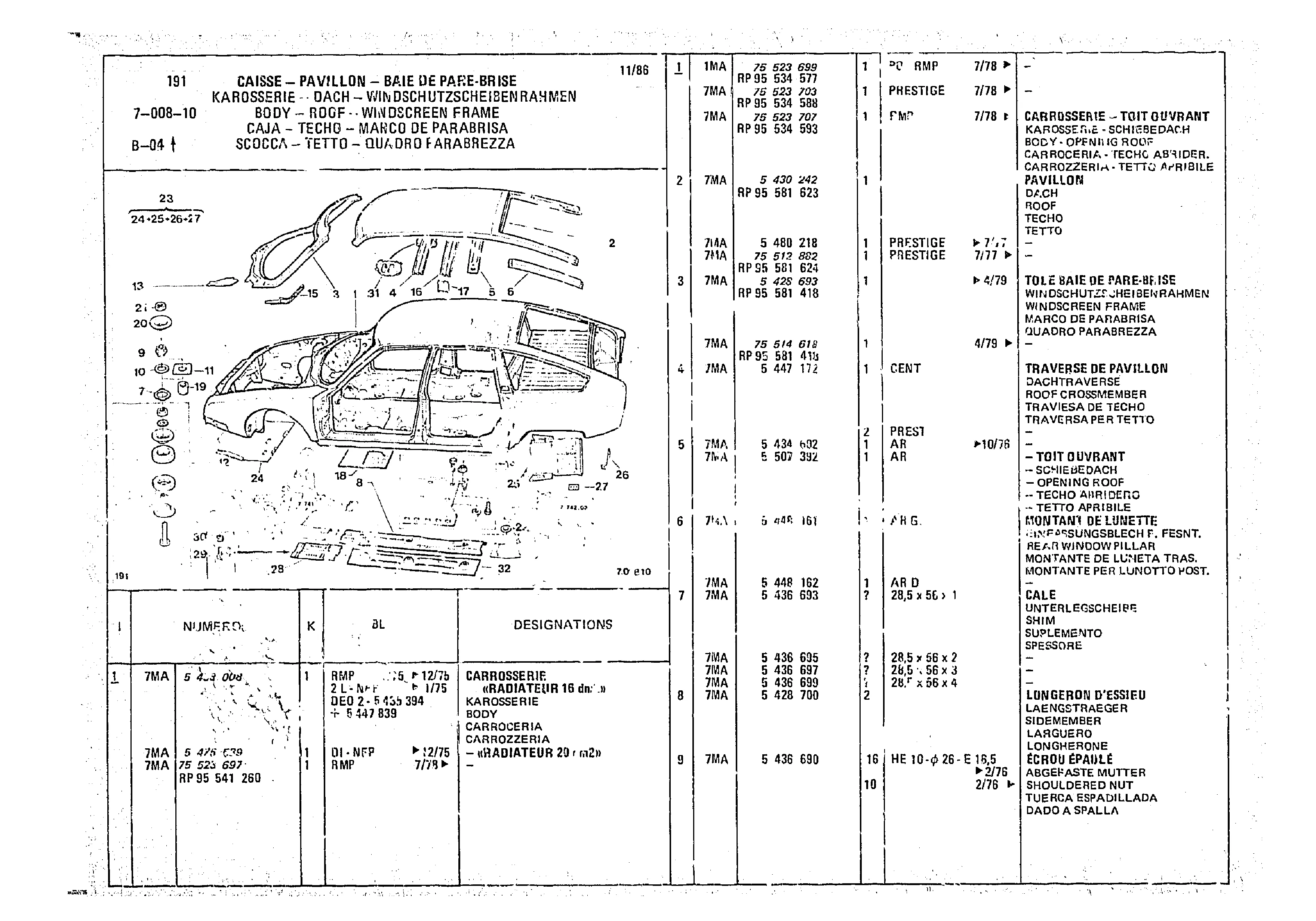 Body - Roof - Windscreen Frame, page 702 of 966 — CX Parts Catalogue — 1974–1979